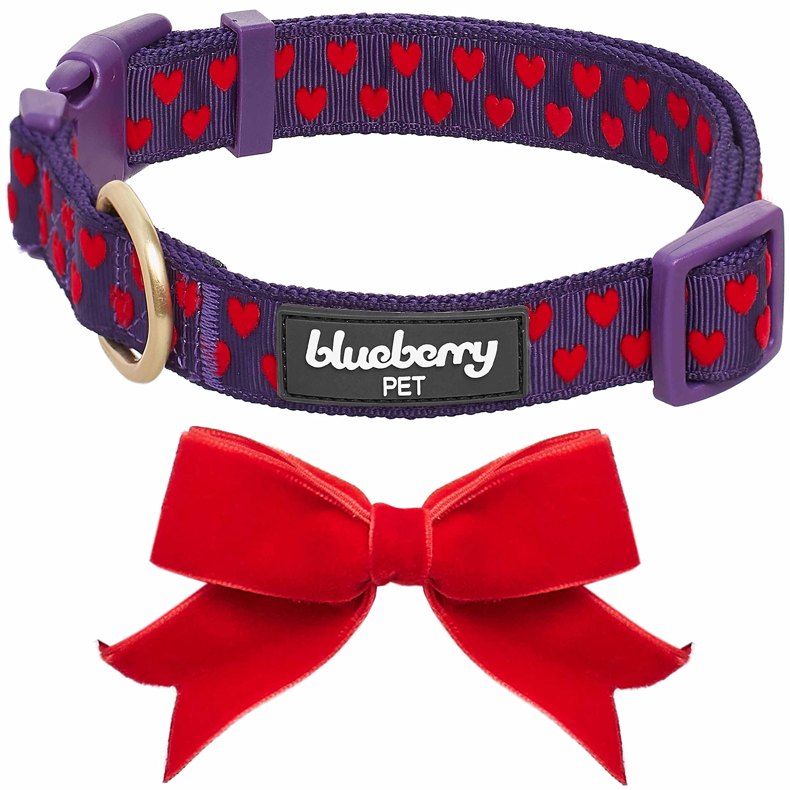 Blueberry Pet Heart Flocking Dog Collar Valentine’S Day Adjustable Collars With Velvety Bowtie For Small Dogs, Gothic Grape, Neck 12'-16'