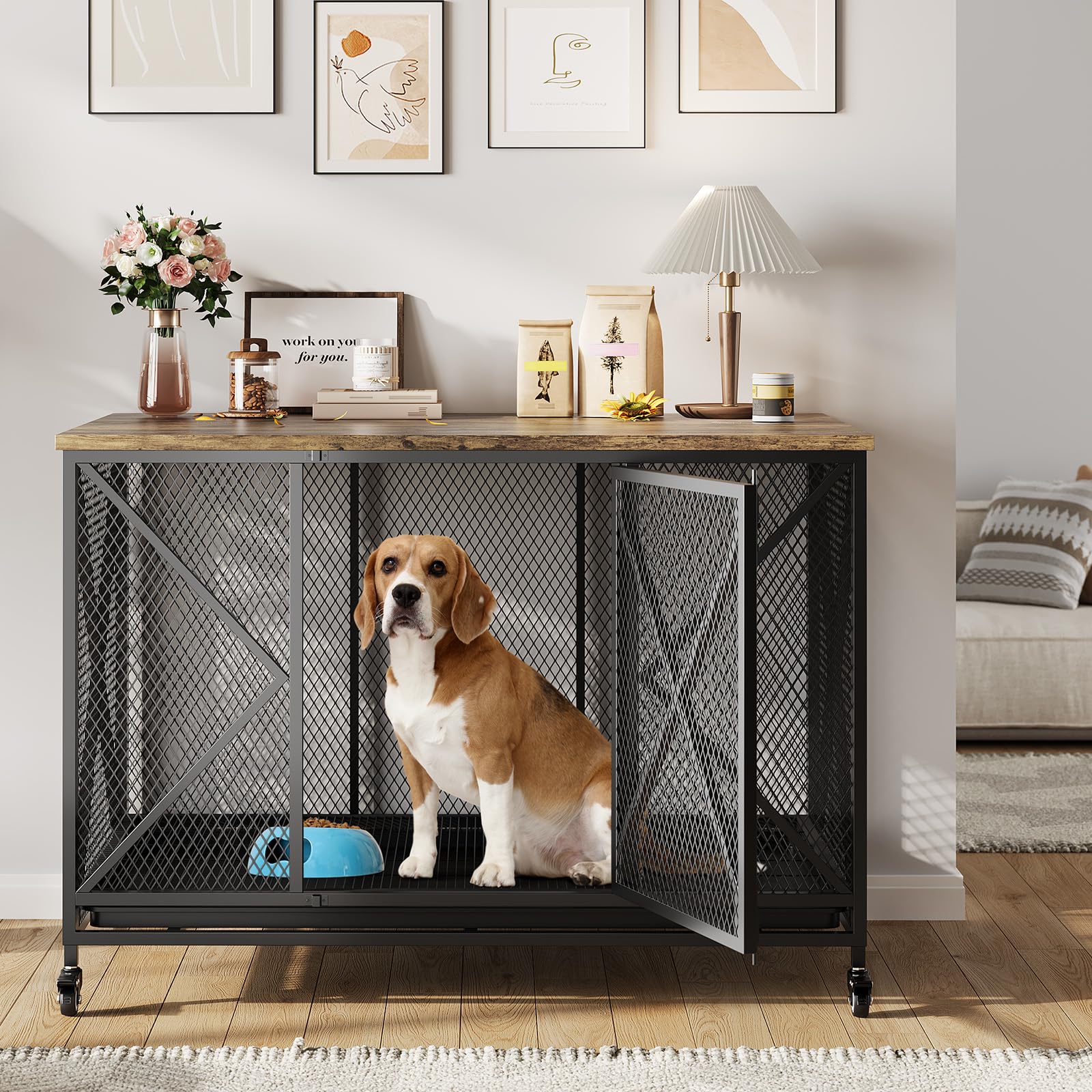 GarveeLife 48 in Heavy Duty Dog Crate Furniture with Wheels, Flip Top Dog Kennel End Table with Removable Tray, Multi-Functional