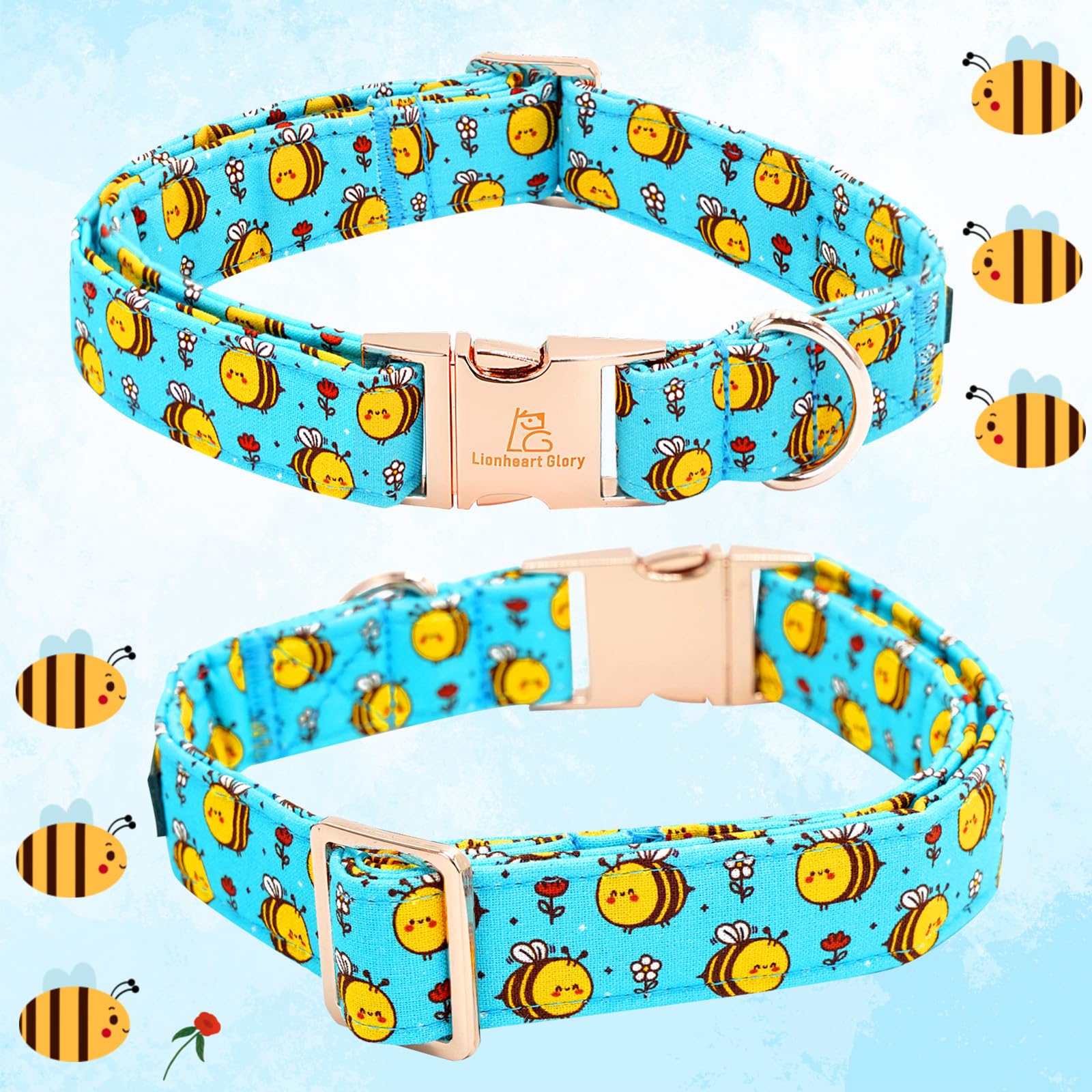 Lionheart Glory Dog Collar, Blue Dog Bow Collar Boy Girl Dog Collars With Bow Adjustable Bees Print Bowtie Collar For Large Dogs