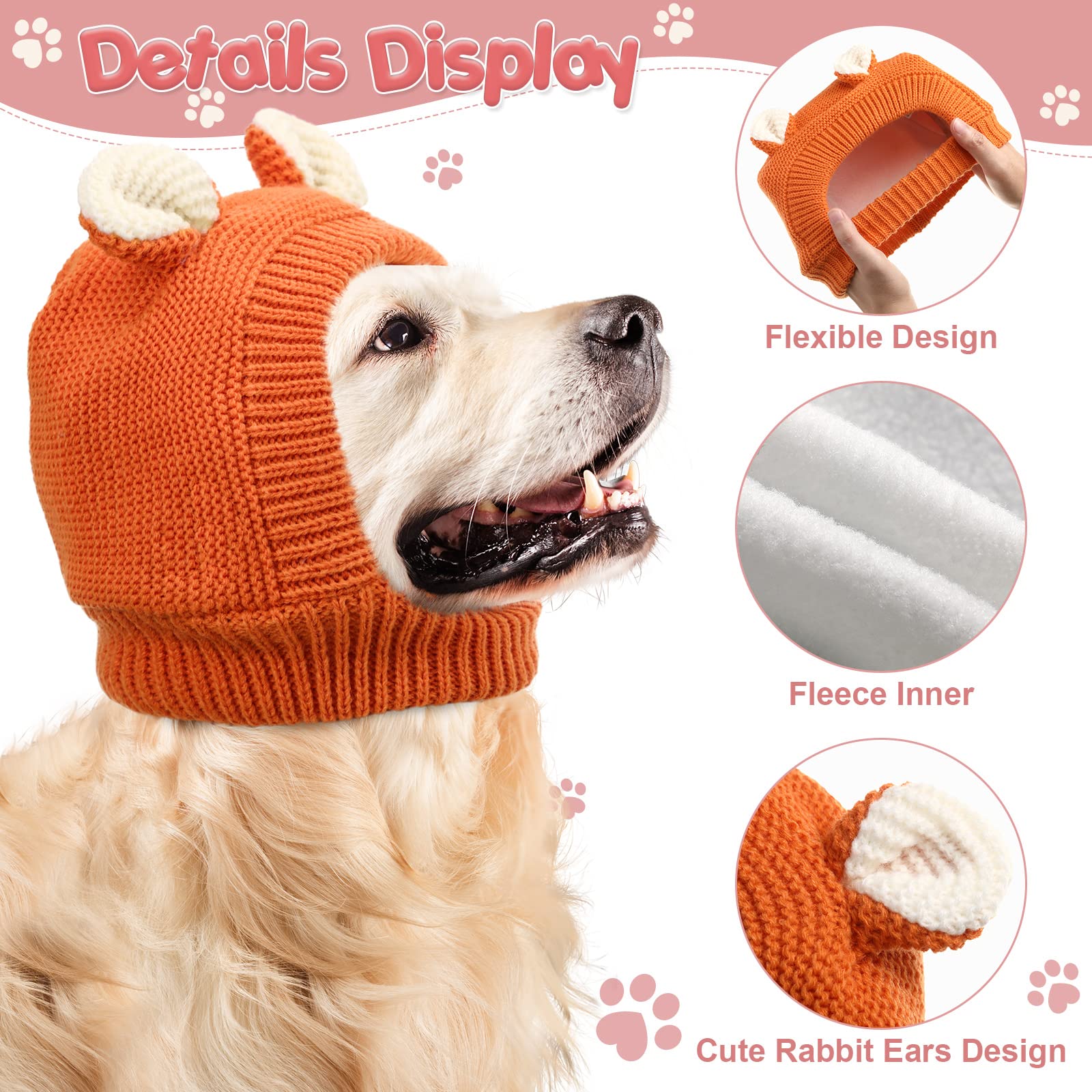 Quiet Ears For Dogs, Dog Ear Muffs Noise Protection Knitted Pet Ears Snood Head Wrap Hats For Medium To Large Cats Pets(Orange)