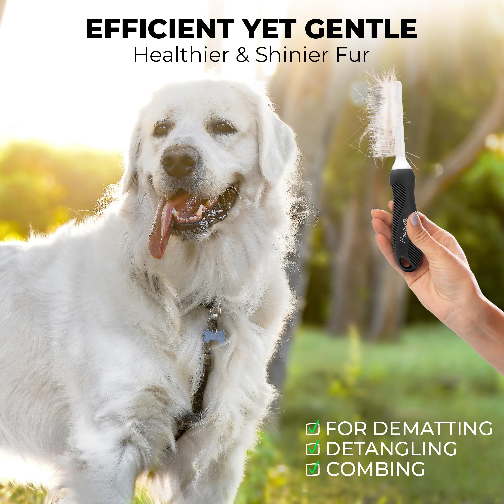 Poodlie Poodle Pet Dog Combs For Grooming Matting - Metal Comb For Dogs With Long & Short Stainless Steel Teeth - Dematting Comb For Cats To Remove Matted Hair & Knots, Black