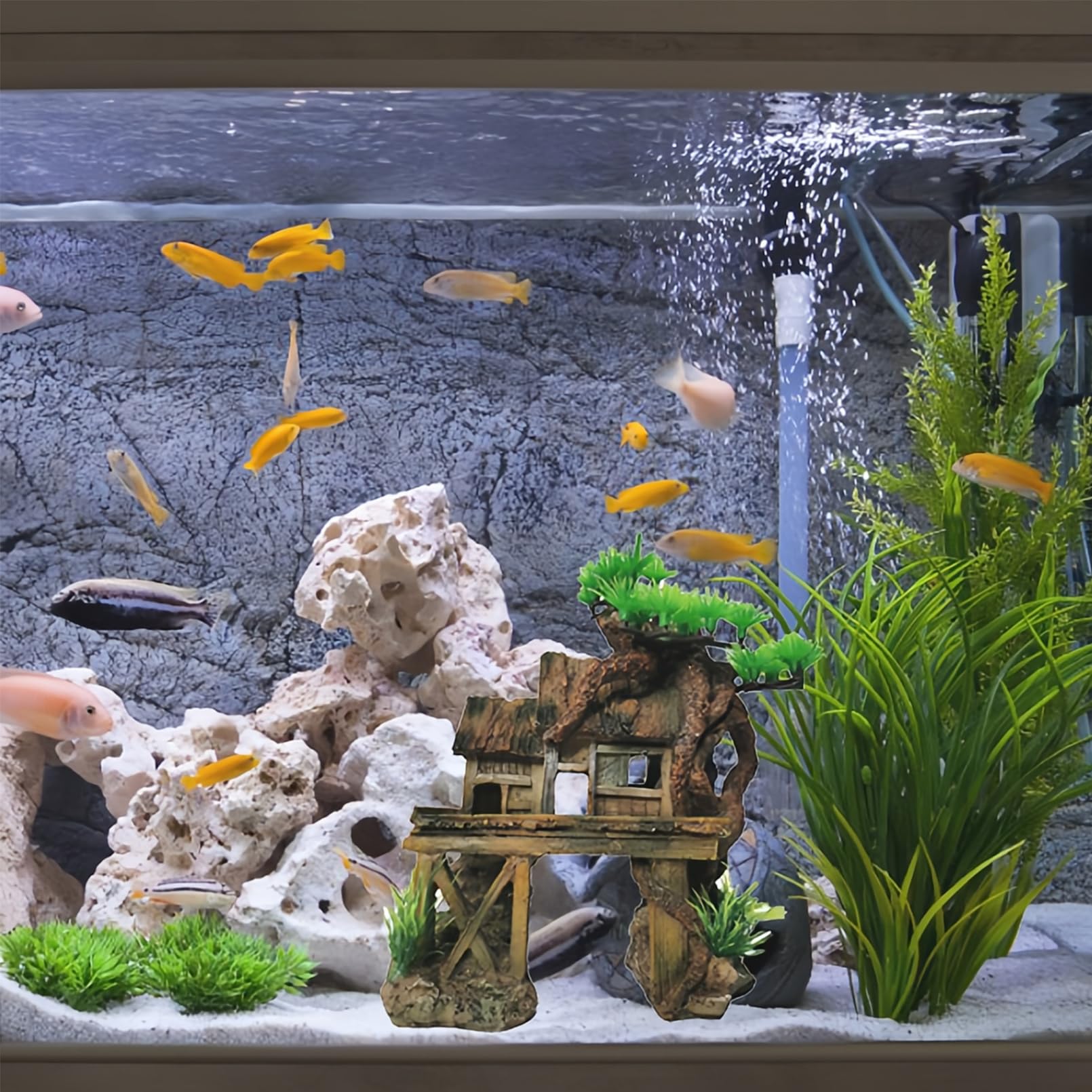 Kathson Aquarium Decorations Fish Tank Ornaments House On Terrace With Tree Root Resin Handicrafts For Betta Fish