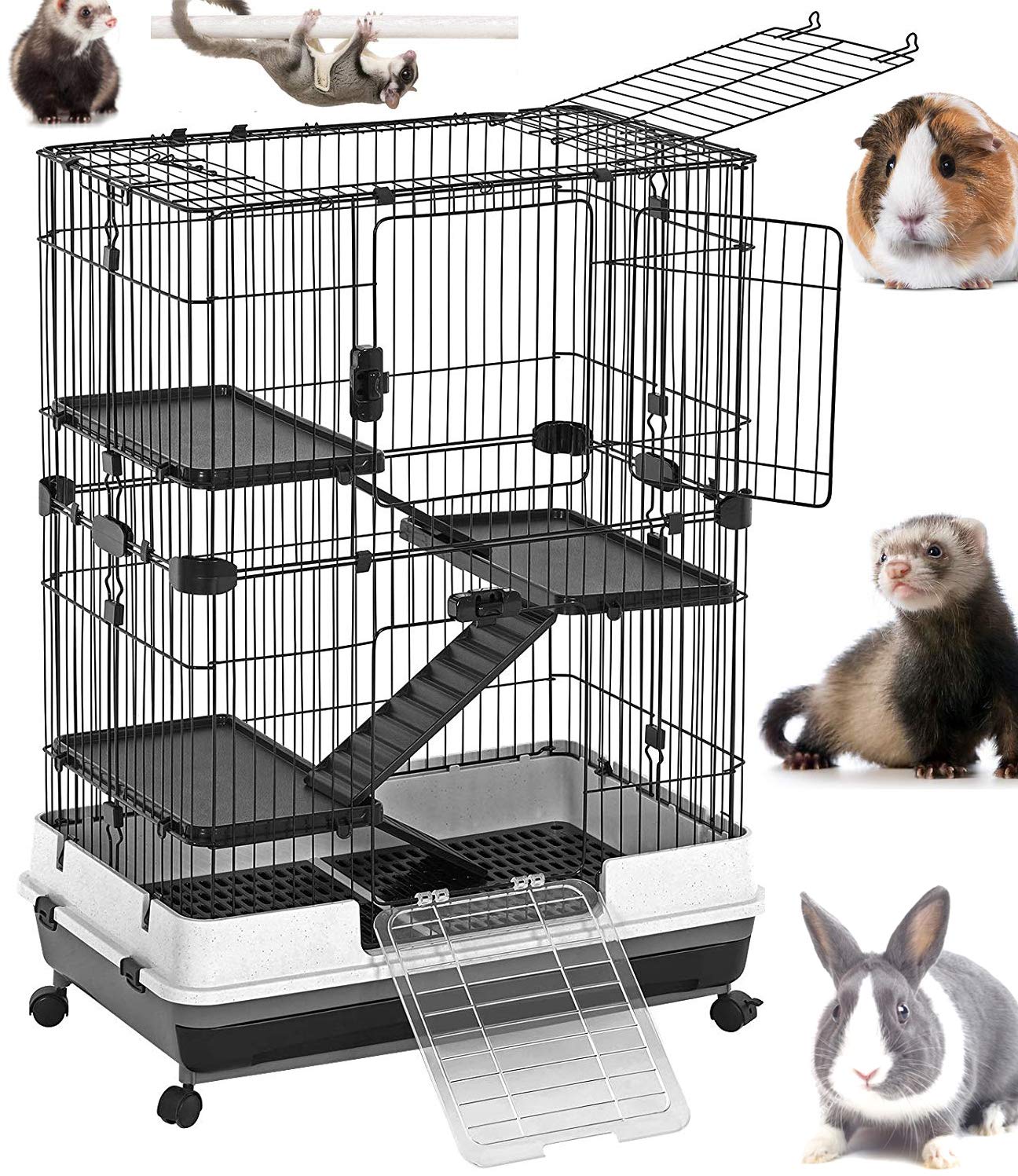 Pink X-Large Deluxe 4-Level In/Outdoor Rabbit Hutch Home Cage For Ferret Chinchilla Paw Safe Solid Platform Ramp Mesh Floor Leak