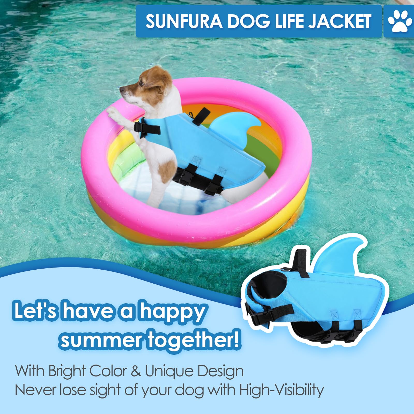 Sunfura Medium Dog Life Jacket, Shark Fin Pet Swimming Vest For Boating, Puppy Life Preserver With High Buoyancy & Rescue Handle, French Bulldog Lifesaver Swimsuit For Medium Dogs, Blue M