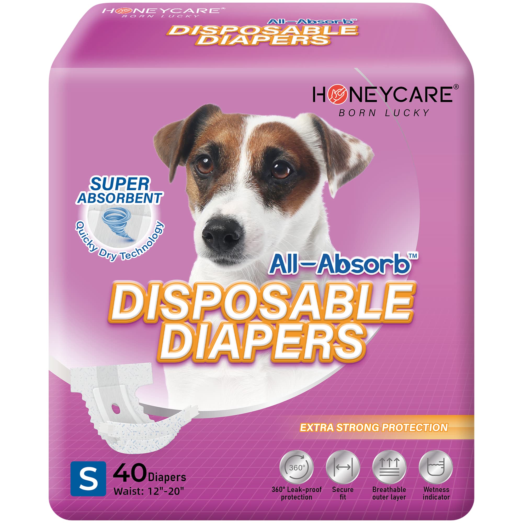 HONEY CARE All-Absorb Disposable Dog Diapers, Small Size, Super Absorbent, Breathable, 40 Count, White and Blue, Model A31