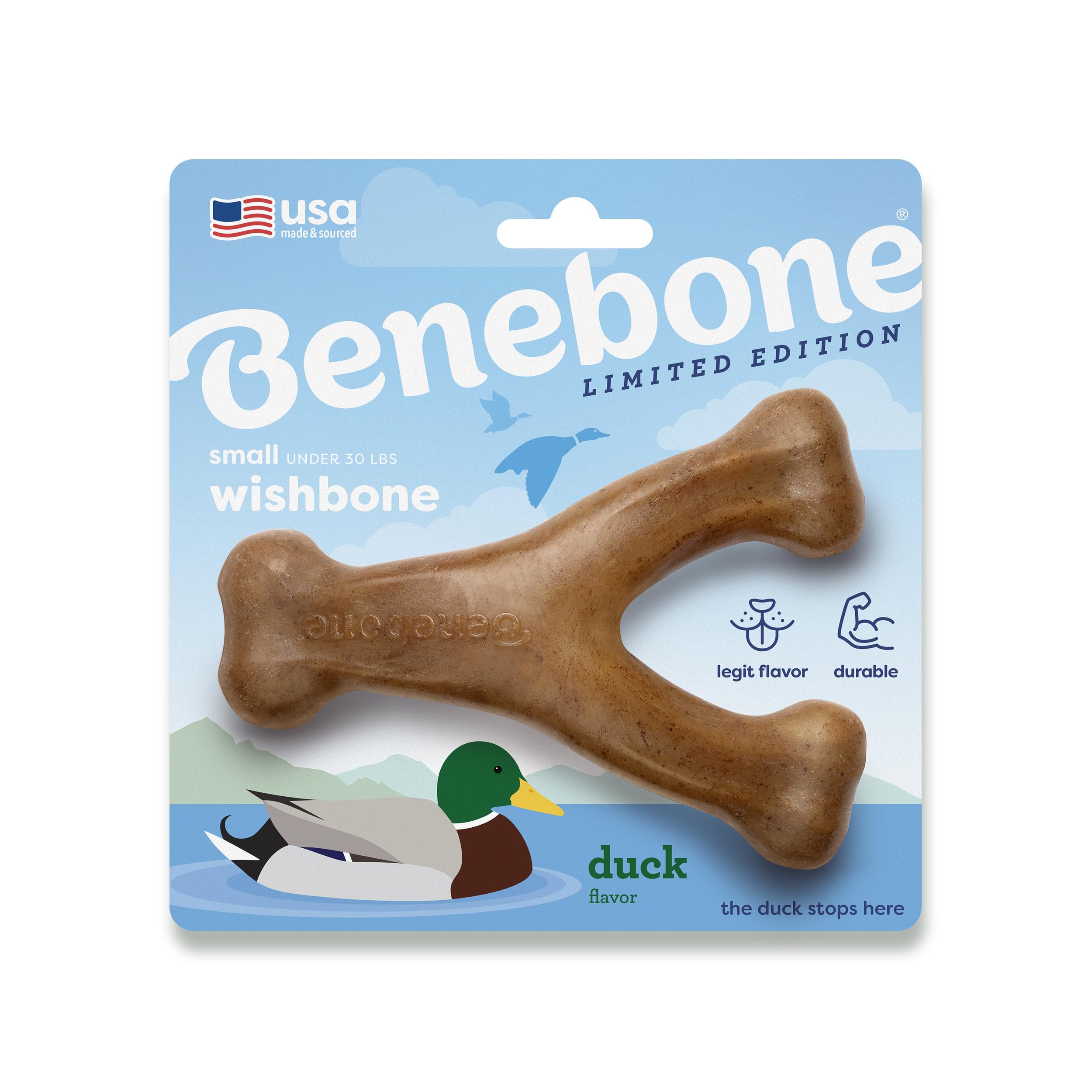 Benebone Wishbone Durable Dog Chew Toy for Aggressive Chewers, Duck, Made in USA, Small