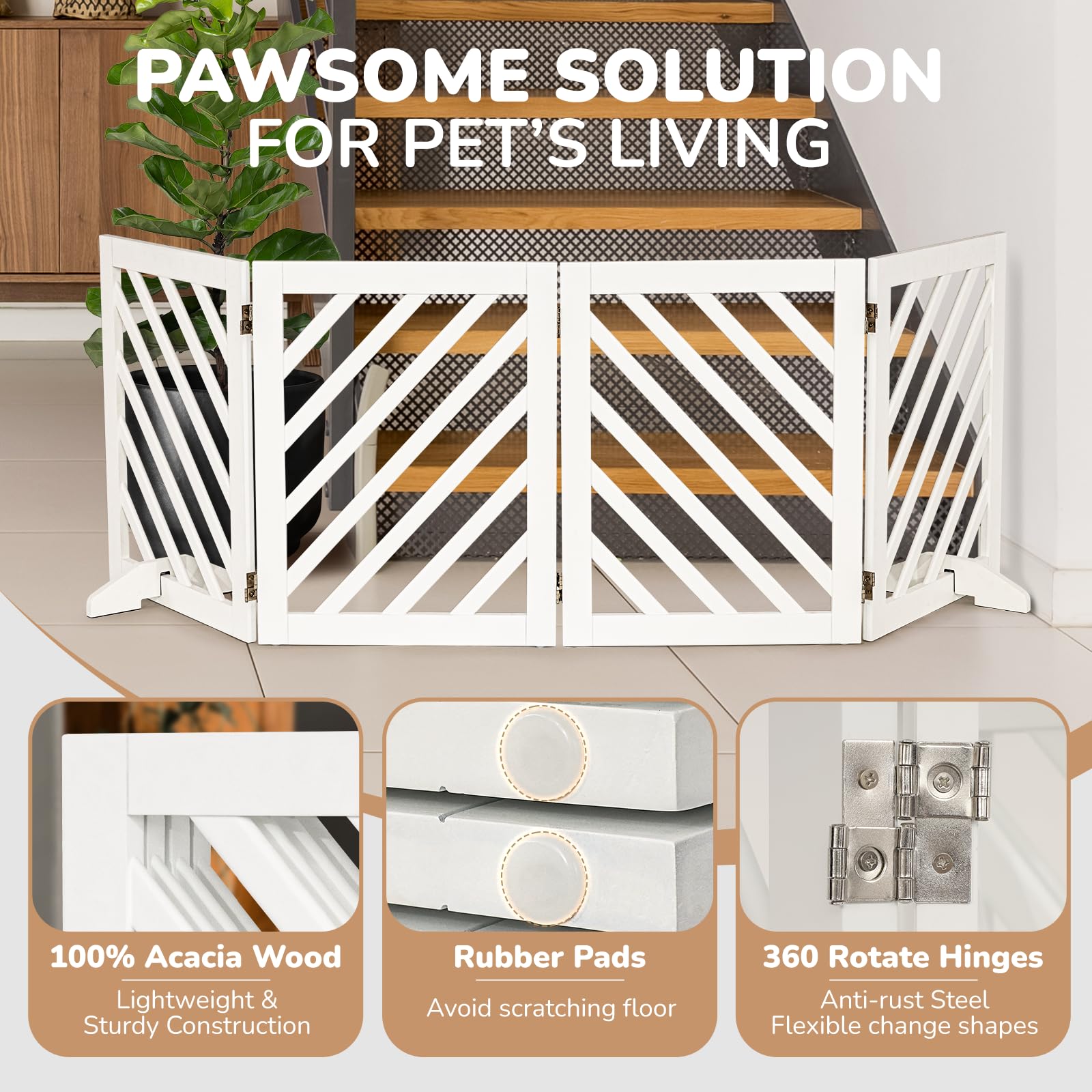 dCee Solid Acacia Wood Dog Gate - Freestanding Extra Wide 81" Pet Gate, White, Foldable with 4 Panels & 2 Support Legs