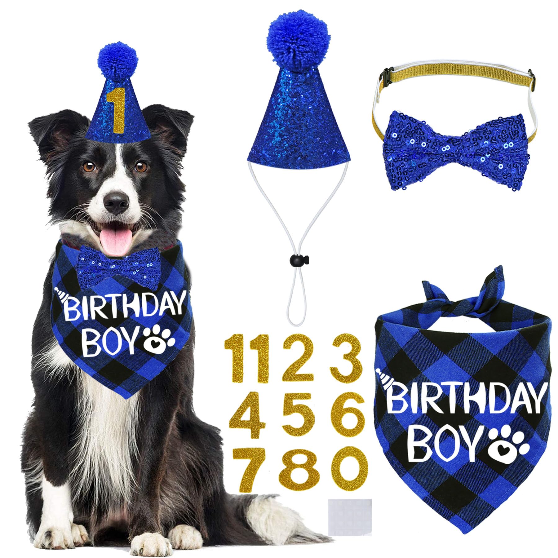 Stmk Dog Birthday Party Supplies, Multi Sizes Dog Birthday Hat With Numbers Bandana Bow Tie For Medium Large Dogs Pets (Large, B