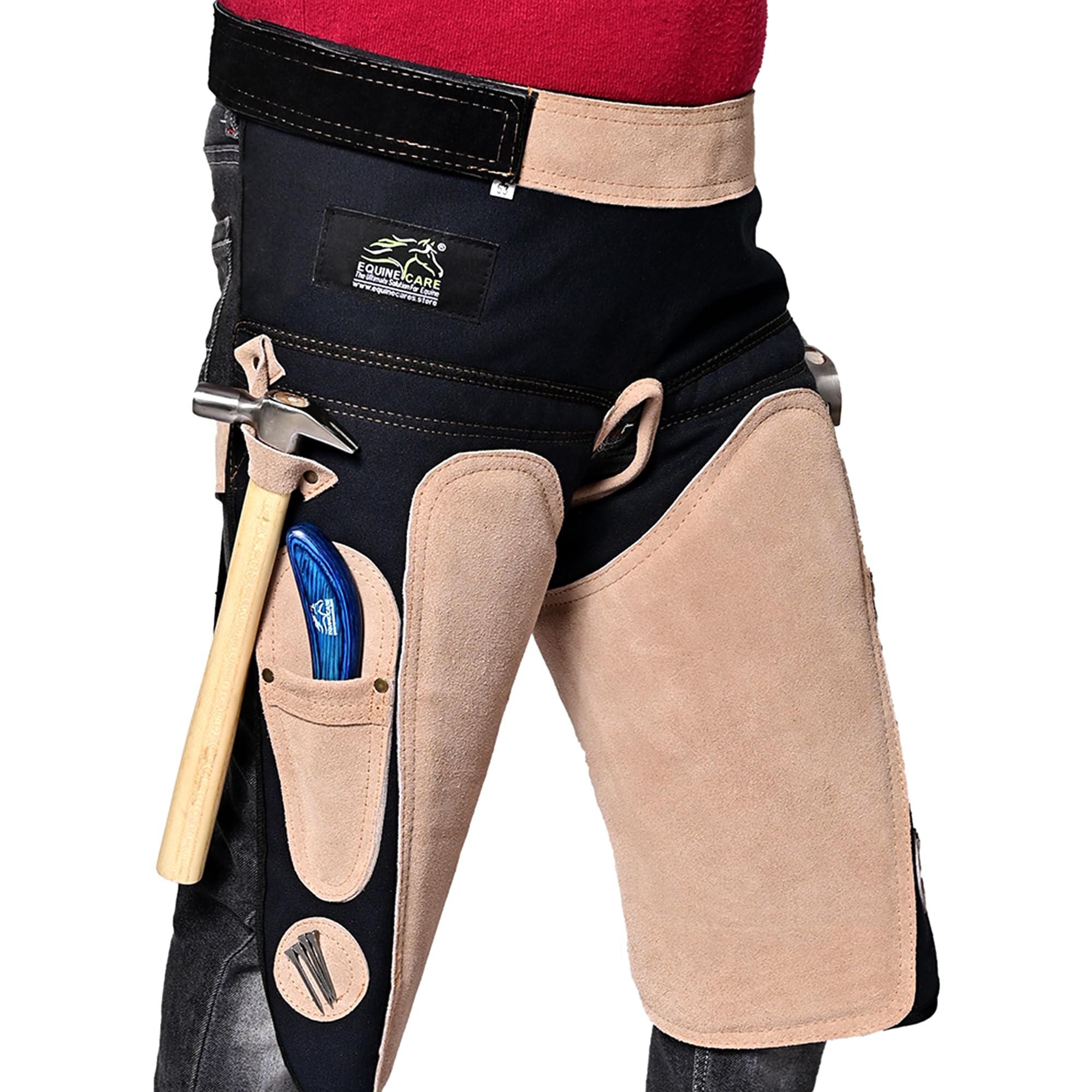 Equine Care Farrier Apron Chaps For Men 25'' Cowhide Suede Leather & Canvas, Adjustable 28''-52'' Waist, 2 Hammer Loops, Hoof Kn