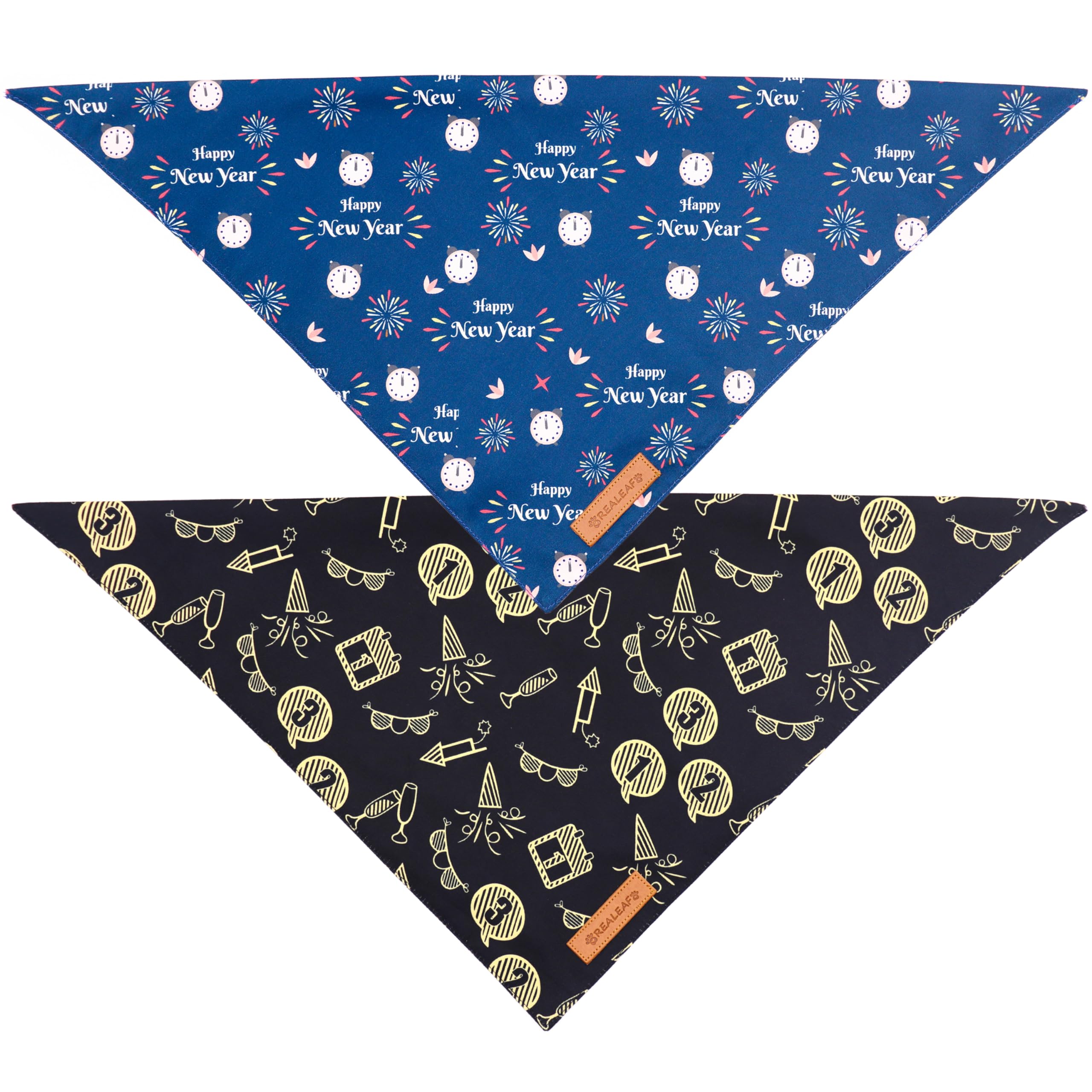 Realeaf Happy New Year Dog Bandanas 2 Pack, Reversible Holiday Pet Scarf For Boy And Girl, Premium Durable Fabric, Bandana For Small Medium Large And Extra Large Dogs (X-Large)