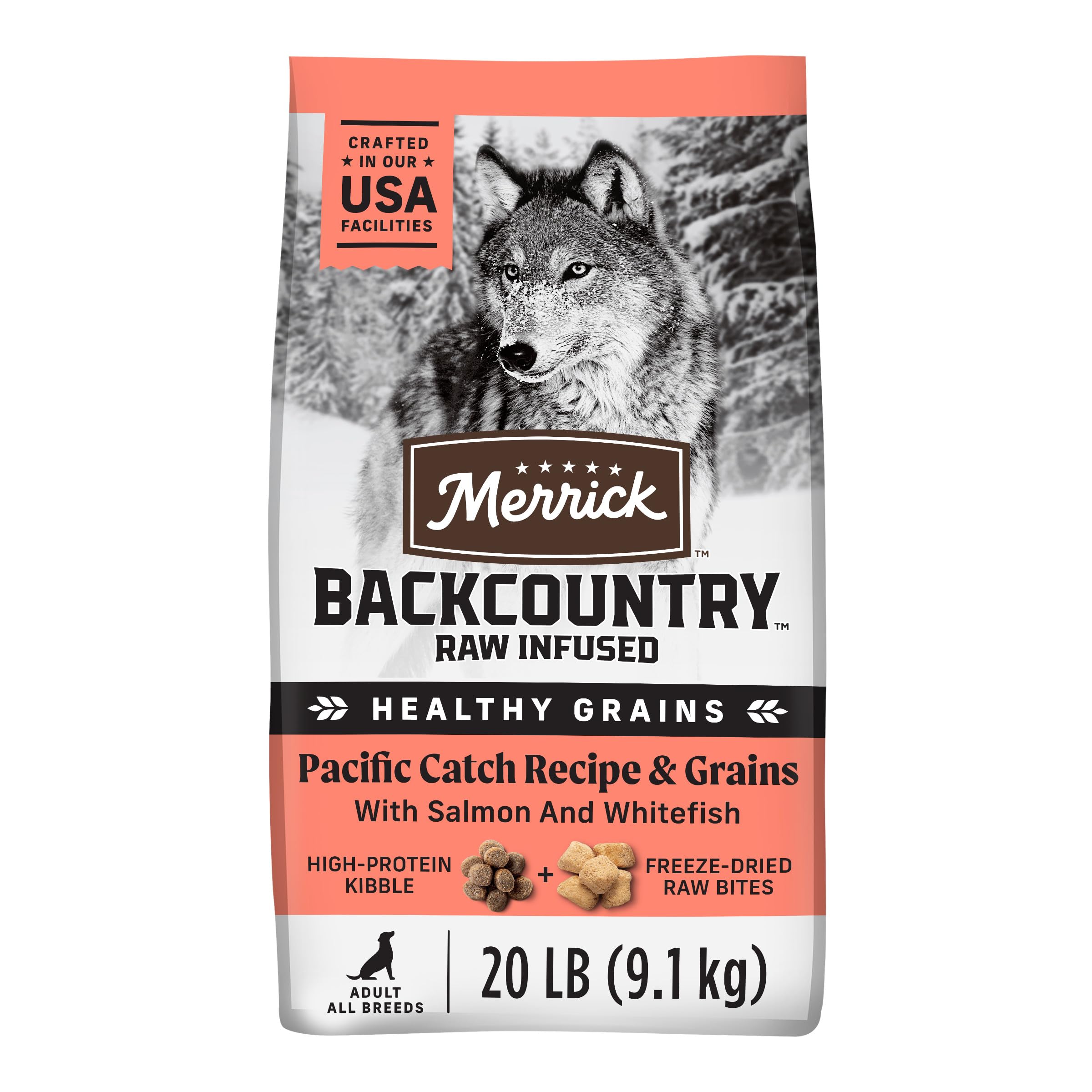Merrick Backcountry Healthy Grains Premium Dog Food Kibble with Freeze Dried Raw Pieces, Pacific Catch Recipe - 20.0 lb. Bag