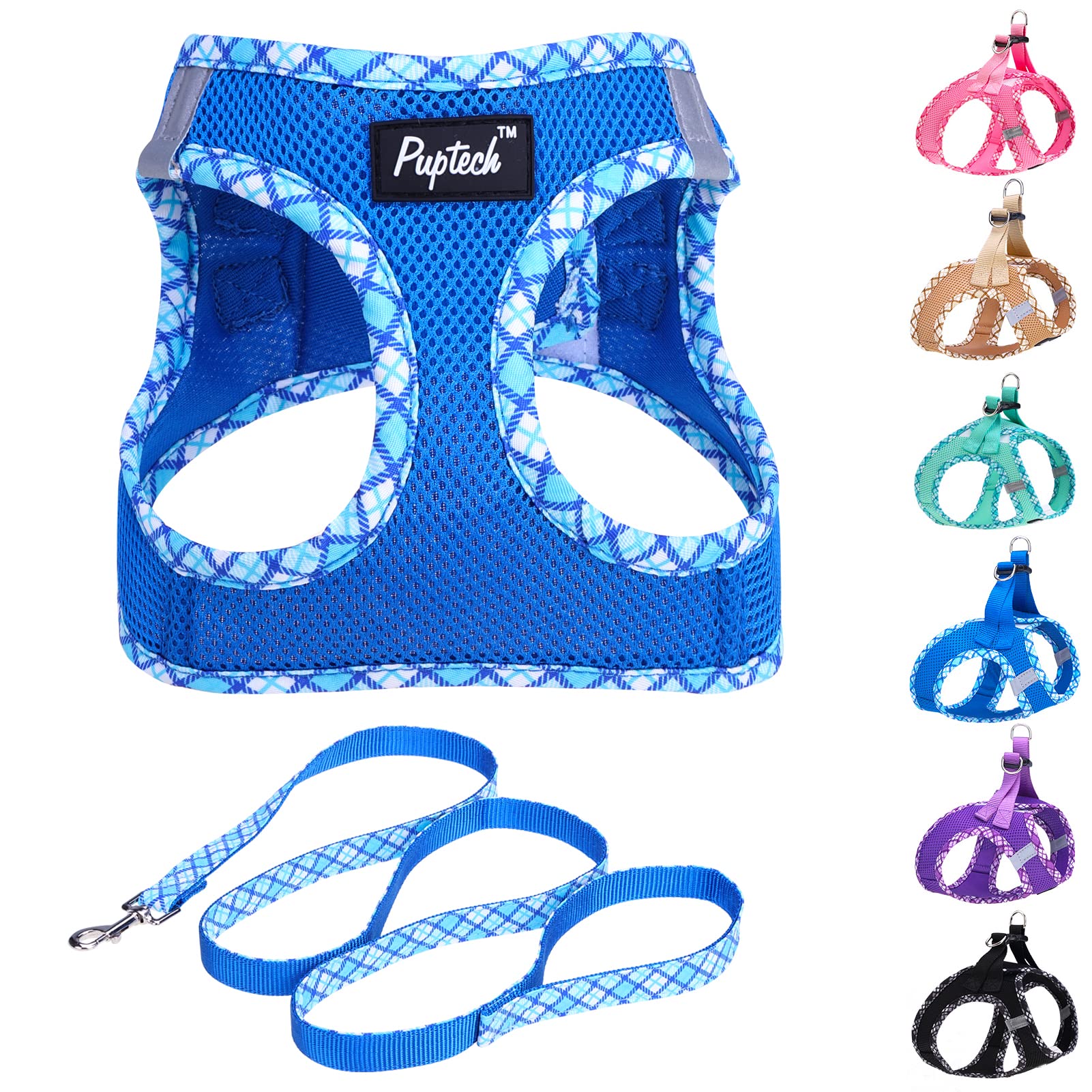 Pupteck Dog Harness And Leash Set For Small Medium Dogs No Pull Step-In Soft Mesh Puppy Cat Vest Harnesses Reflective At Night, Blue L