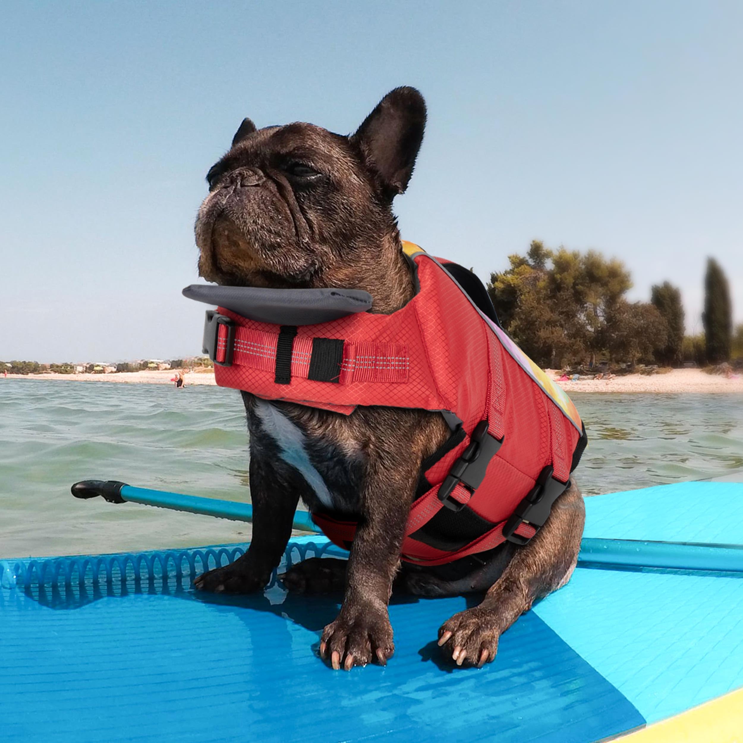 Cyeollo Life Vests For Boating - High Buoyancy Dog Life Jacket With Chin Float, Adjustable, Tie Dye Red L