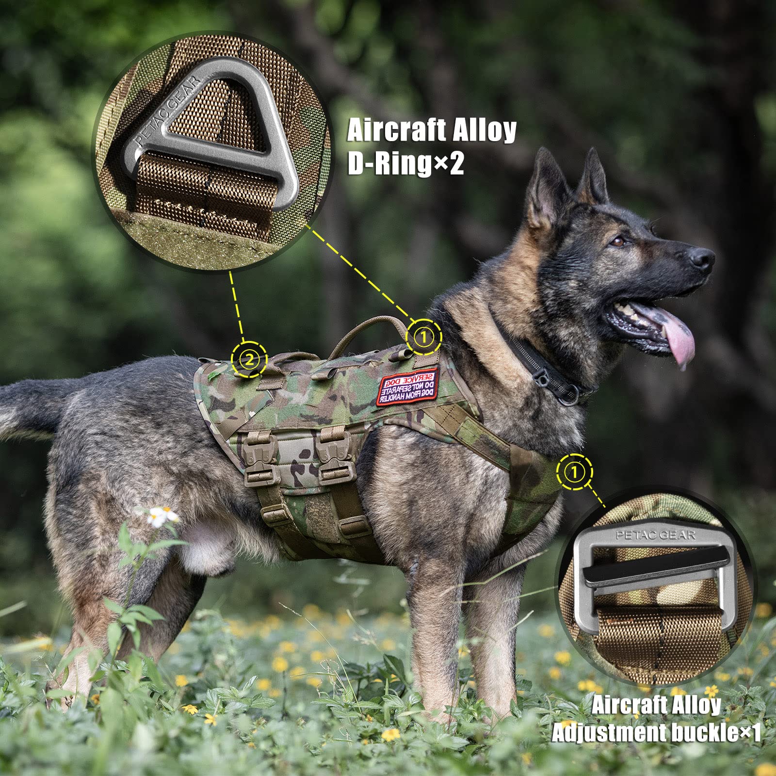 PETAC GEAR Tactical Dog Harness K9 Dog Training Vest Adjustable Padded Police Service Dog Working MOLLE Vests for Large Medium D