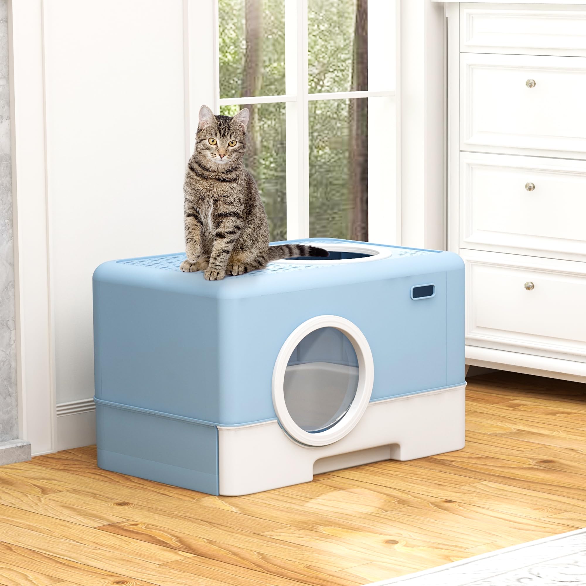 Dwvo Enclosed Cat Litter Box With Two-Way Entry/Exit, Large Hooded Anti-Splash Cat Toilet With Lid, Hidden Litter Scoop - Blue