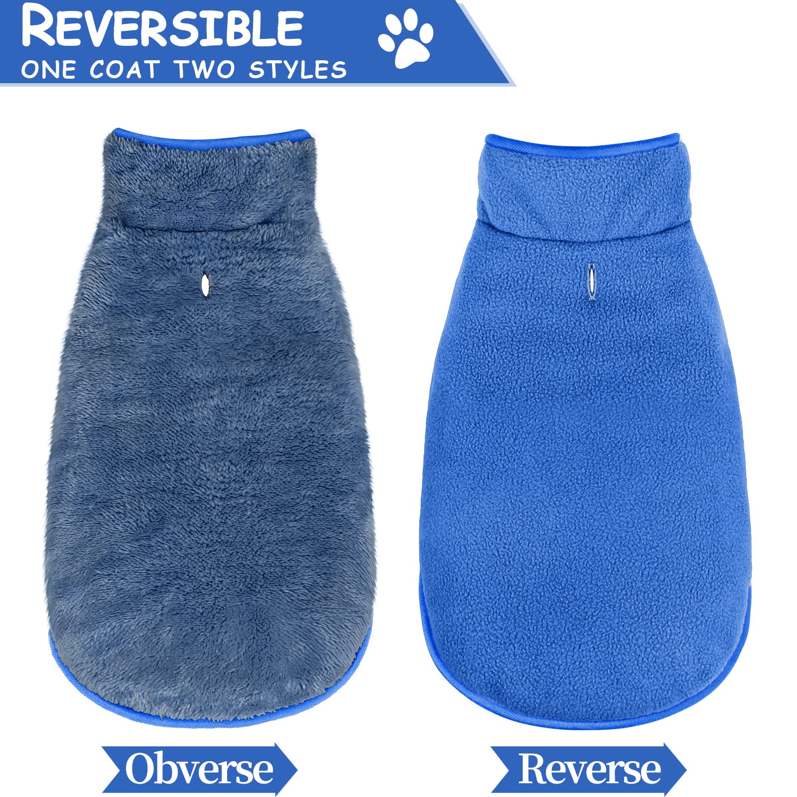 Malier Reversible Fleece Dog Coat, Windproof Warm Jacket For Dogs, Snow Vest - Blue, Small