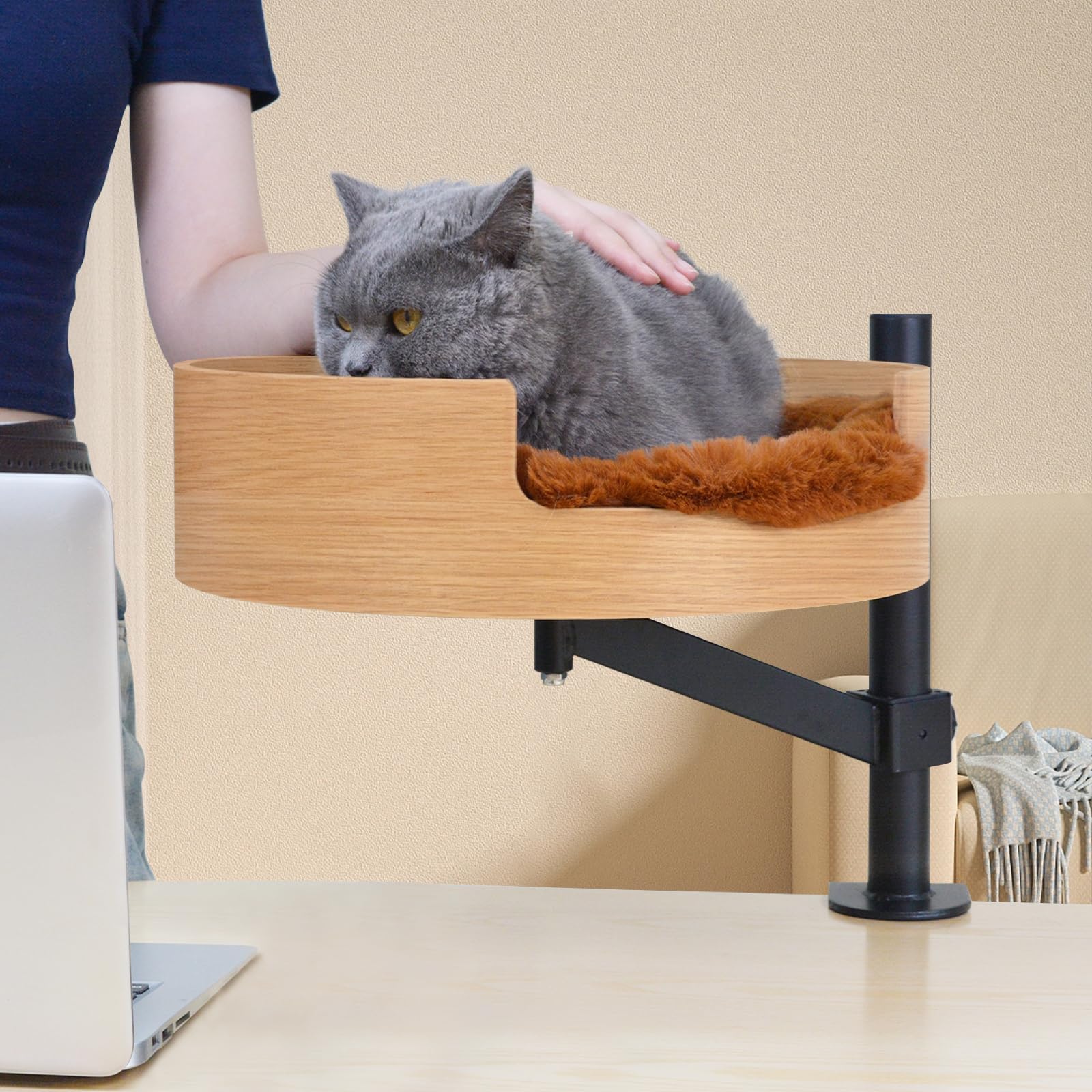 Zbuq Cat Bed Desk With Pet Mat, Cat Hammock For Desk, Cat Bed Desk With Wooden Bowl, 360 Rotation And Adjustable Height, Brown