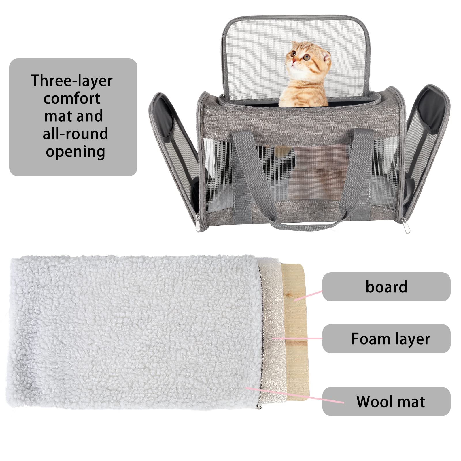 Cat Carrying Case - Pet Carrier Airline Approved, Protable And Breathable Pet Travel Carrier Removable Fleece Pad, Collapsible Cat Carrier Dog Carrier For Medium Cats Small Cats Dogs (X-Large, Grey)