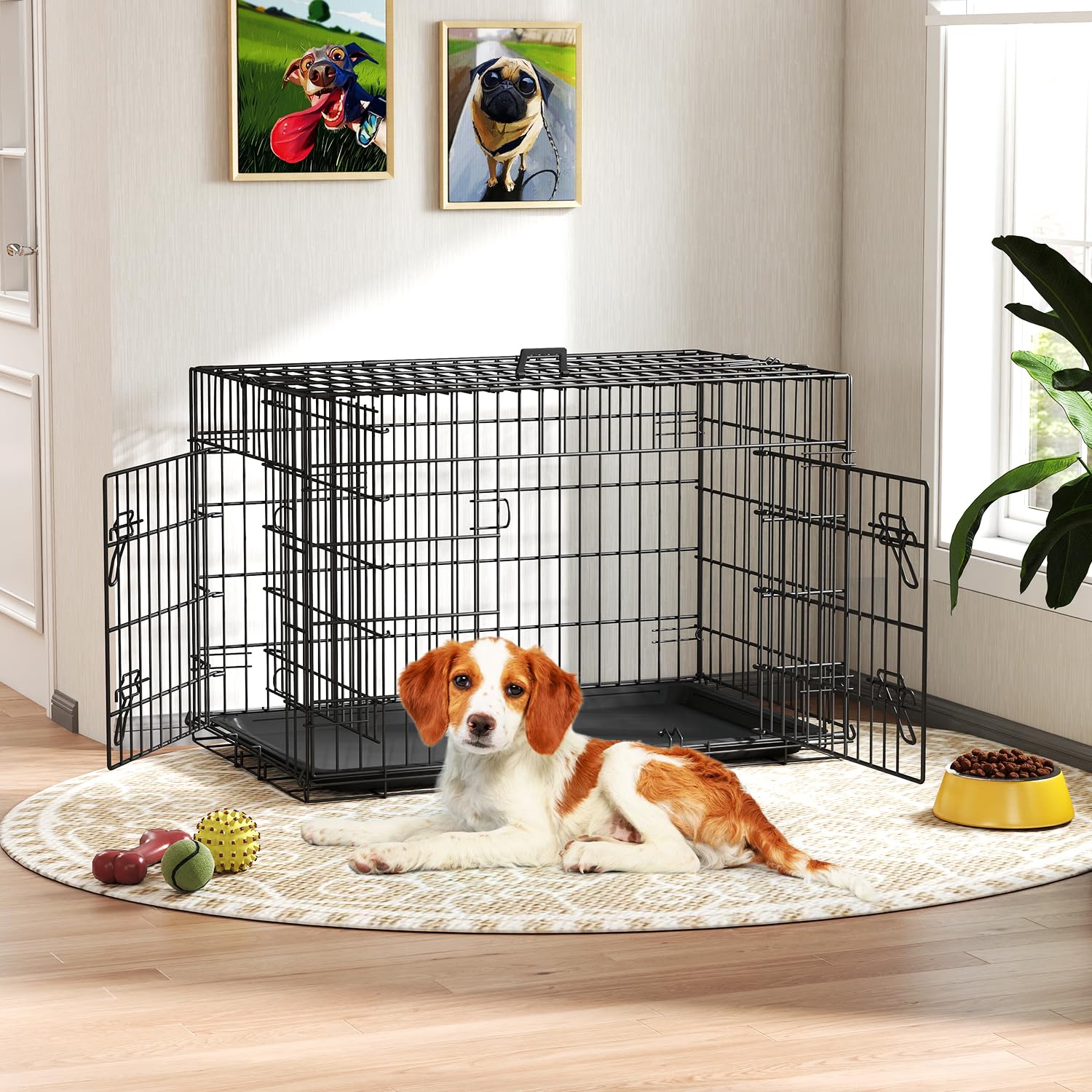 FDW Dog Crate 36-Inch Dog Cage Single Door Foldable Metal Kennel with Leakproof Tray Foldable Design Indoor Outdoor Use for Medi