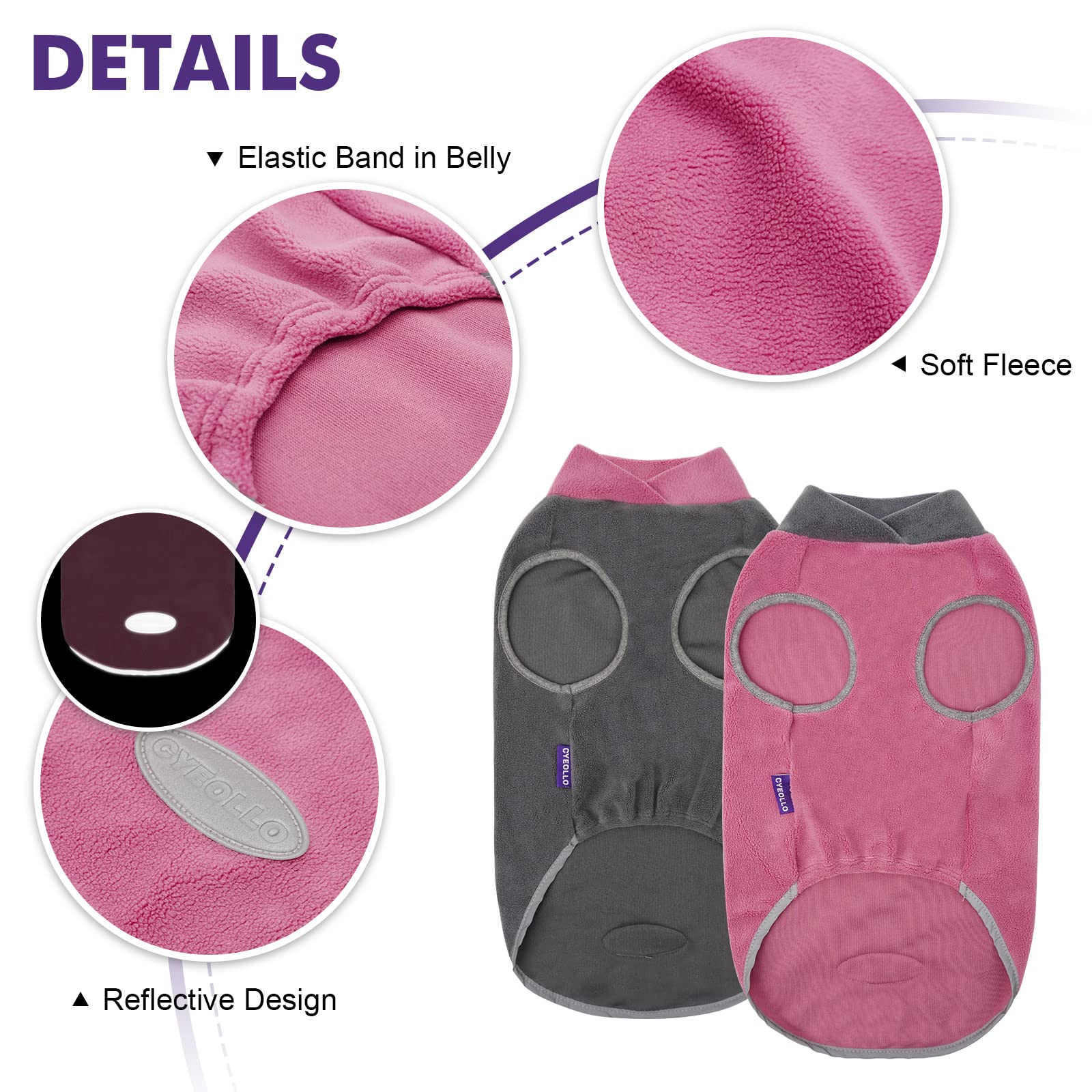 Cyeollo 2 Pack Dog Sweaters For Small Dogs Lightweight Stretchy Fleece Vest Pullover Dog Sweatshirt With Reflective Stripe Pet Dog Clothes Coats Size L Pink & Grey