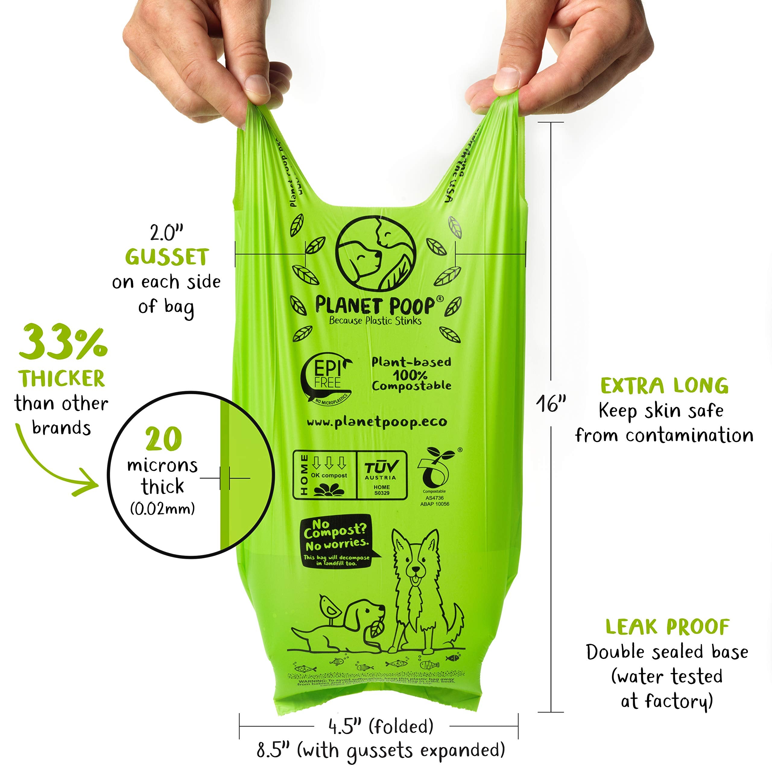 Planet Poop Home Compostable Dog Poop Bags Extra-Long With Handles 120 Un-Scented Pet Waste Bags Plastic Free, Thick Leakproof P