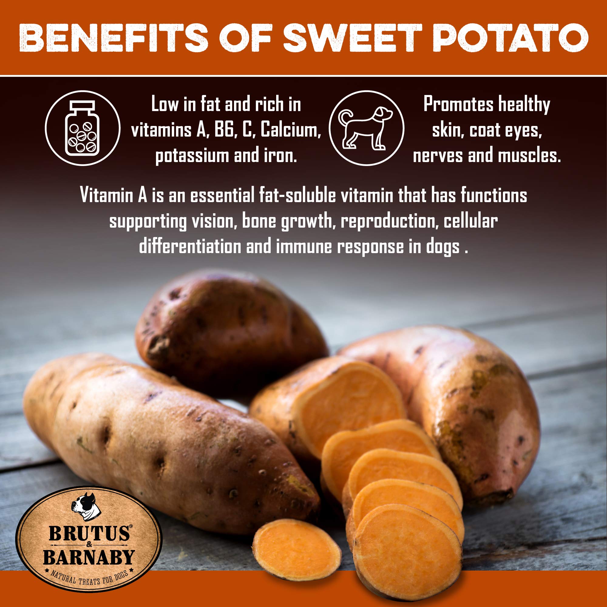 BRUTUS & BARNABY USA Sweet Potato Dog Treats - Crunchy Grain Free Cinnamon Apple Sticks, Promotes Positive Gut Health with Natur