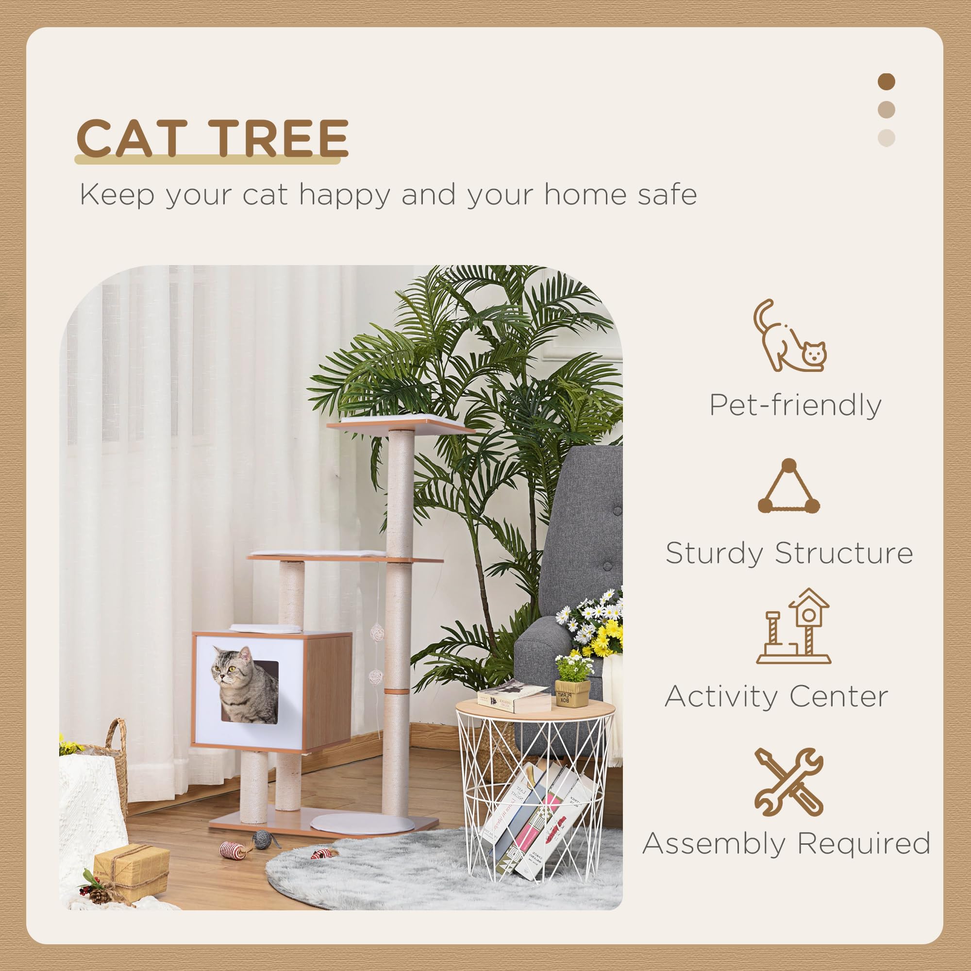 Pawhut Wood Cat Tree Scratching Post For Indoor Cats Kitten House Condo Activity Center W/Cushion Hanging Toy Multi-Level