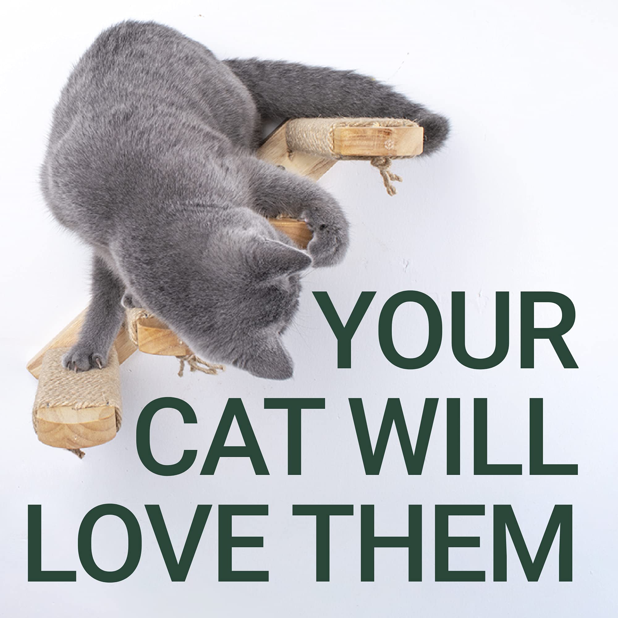 Skywin Cat Steps - Solid Rubber Wood Cat Wall Stairs Great For Scratching And Climbing - Easy To Install Wall Mounted Cat Wall Shelves For Playful Cats (Wood, Left-Right)