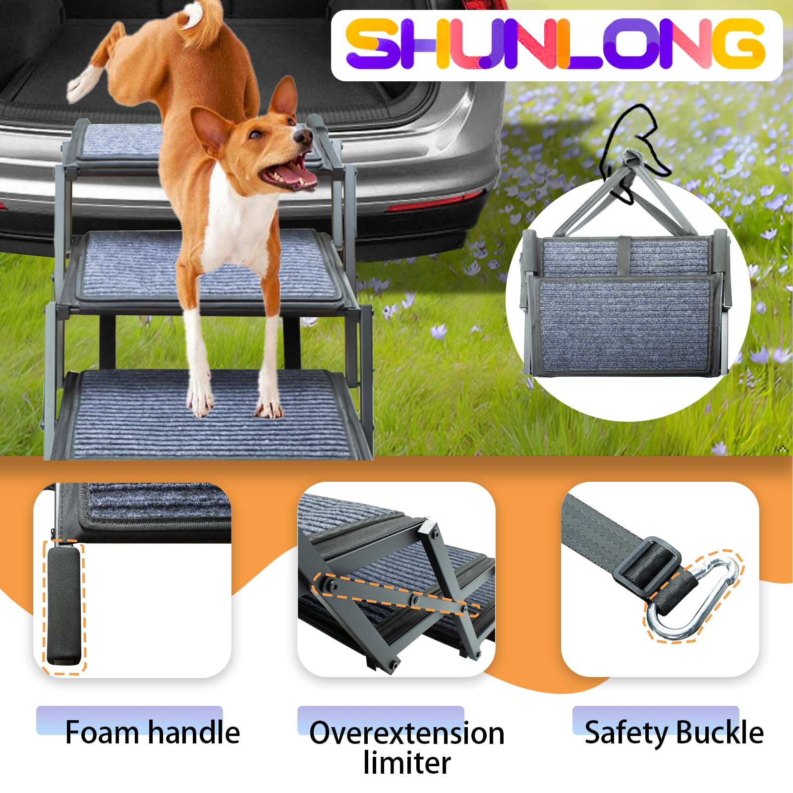Dog Ramp for Car Truck and SUV Dog Stairs for Large Dogs Folding Pet Stairs with Non-Slip Rug Surface Supports Up to 250 lbs (5