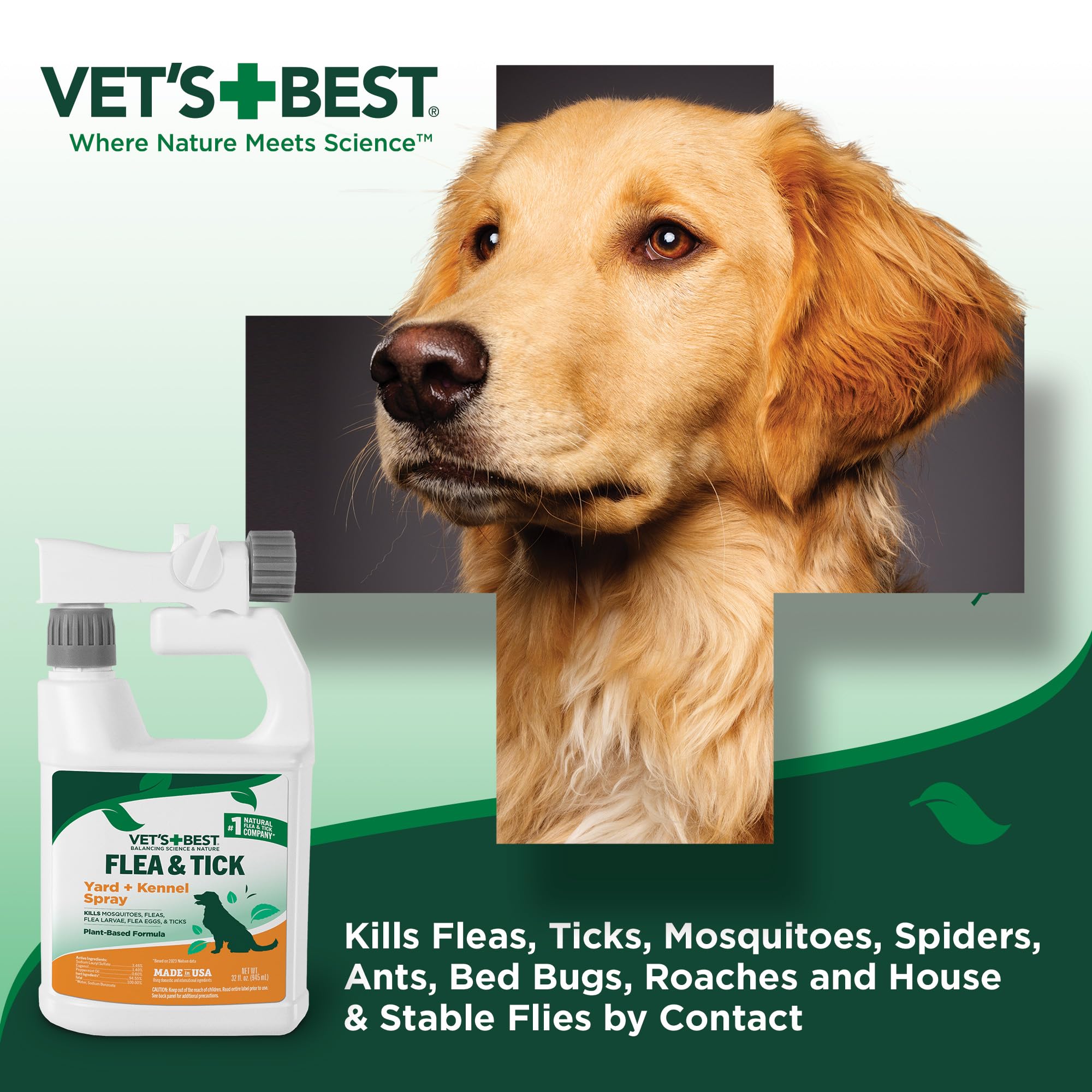 Vets Best Natural Flea and Tick Yard and Dog Kennel Spray, Plant Safe Tick Spray for Yard with Ready-to-Use Hose Attachment, Mo