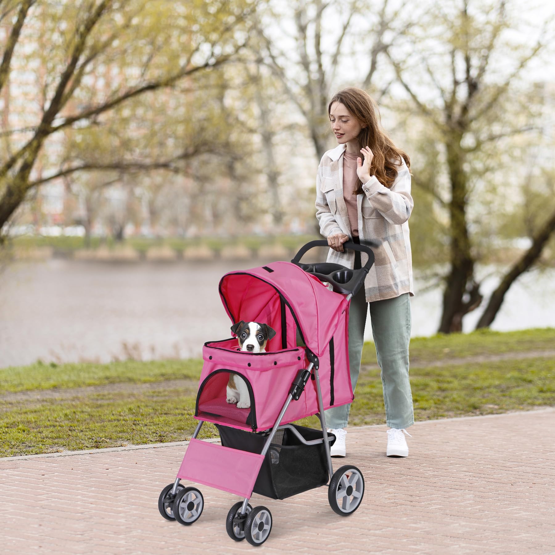 Lemy Pet Stroller, 4 Wheels Dog Cat Stroller With Storage Basket&Cup Holder, Folding Dog Cat Cage Jogger Stroller For Small Medi