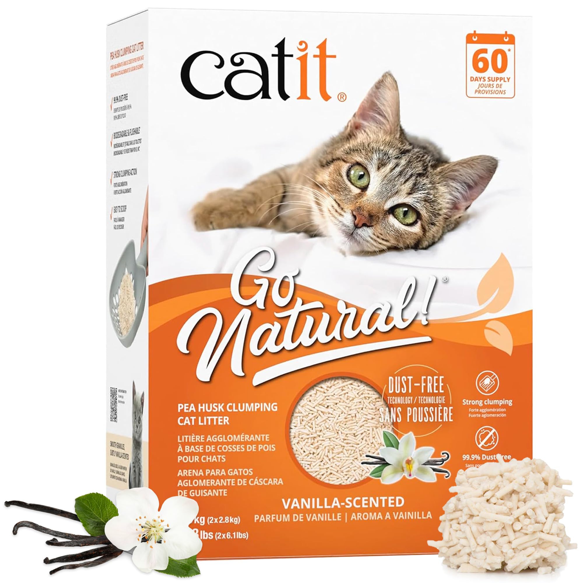 Catit - Go Natural Pea Husk Clumping Cat Litter - Lightweight, Dust Free, Easy Cleaning & Scooping, Flushable Kitty Litter With Odor Control & Subtle Fragrance - 12.3 Lbs, Vanilla Scented