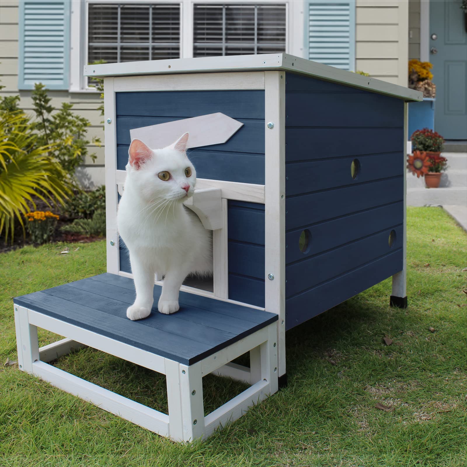 Outdoor Cat Shelter With Escape Door Rainproof Outside Kitty House (Signle Story Blue-For 2-3 Cats)