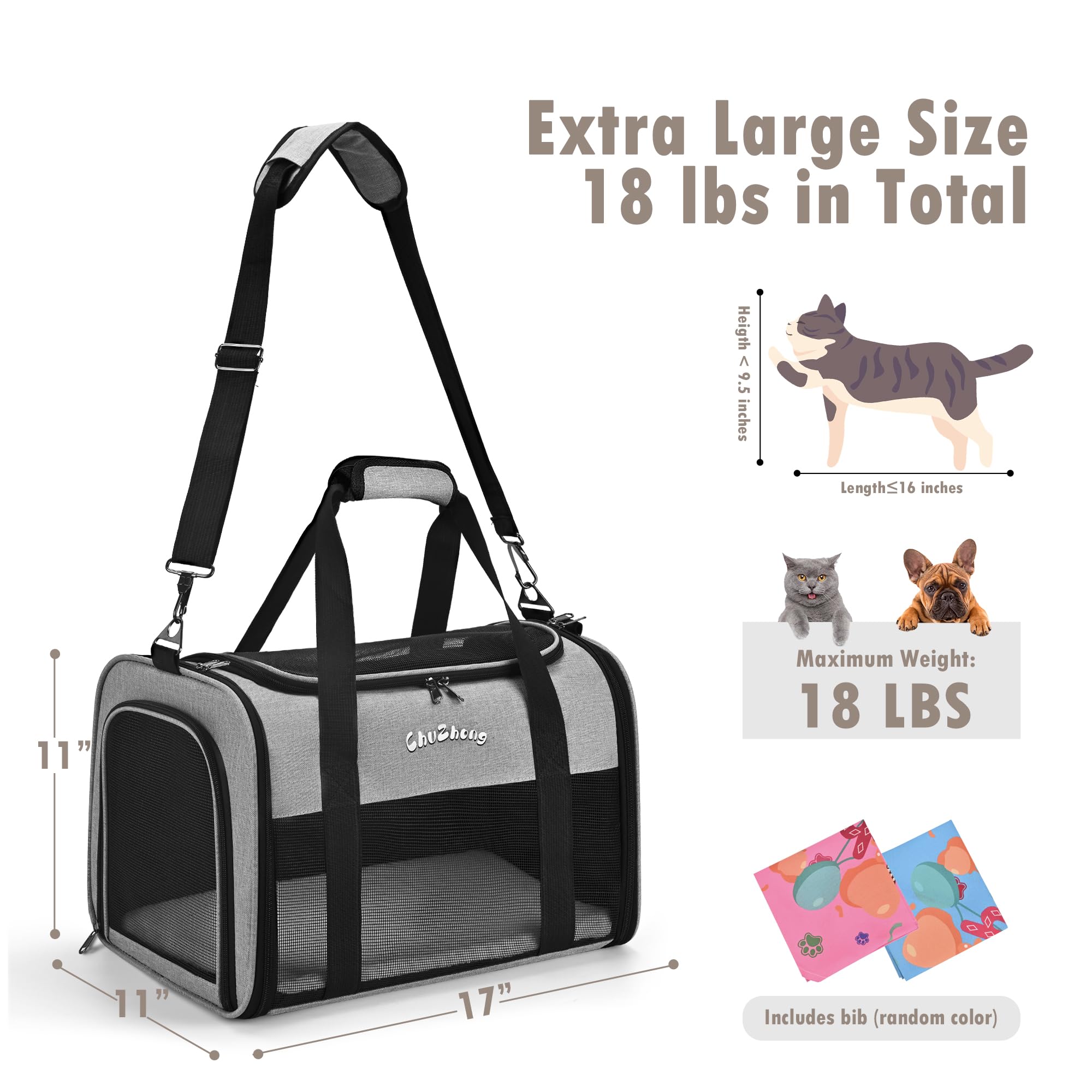 Chuzhong Airline Approved Pet Carrier for Cats & Small Dogs (Up to 18 lbs) - Soft Sided Travel Carrier, Grey, 17"L x 11"W x 11"H