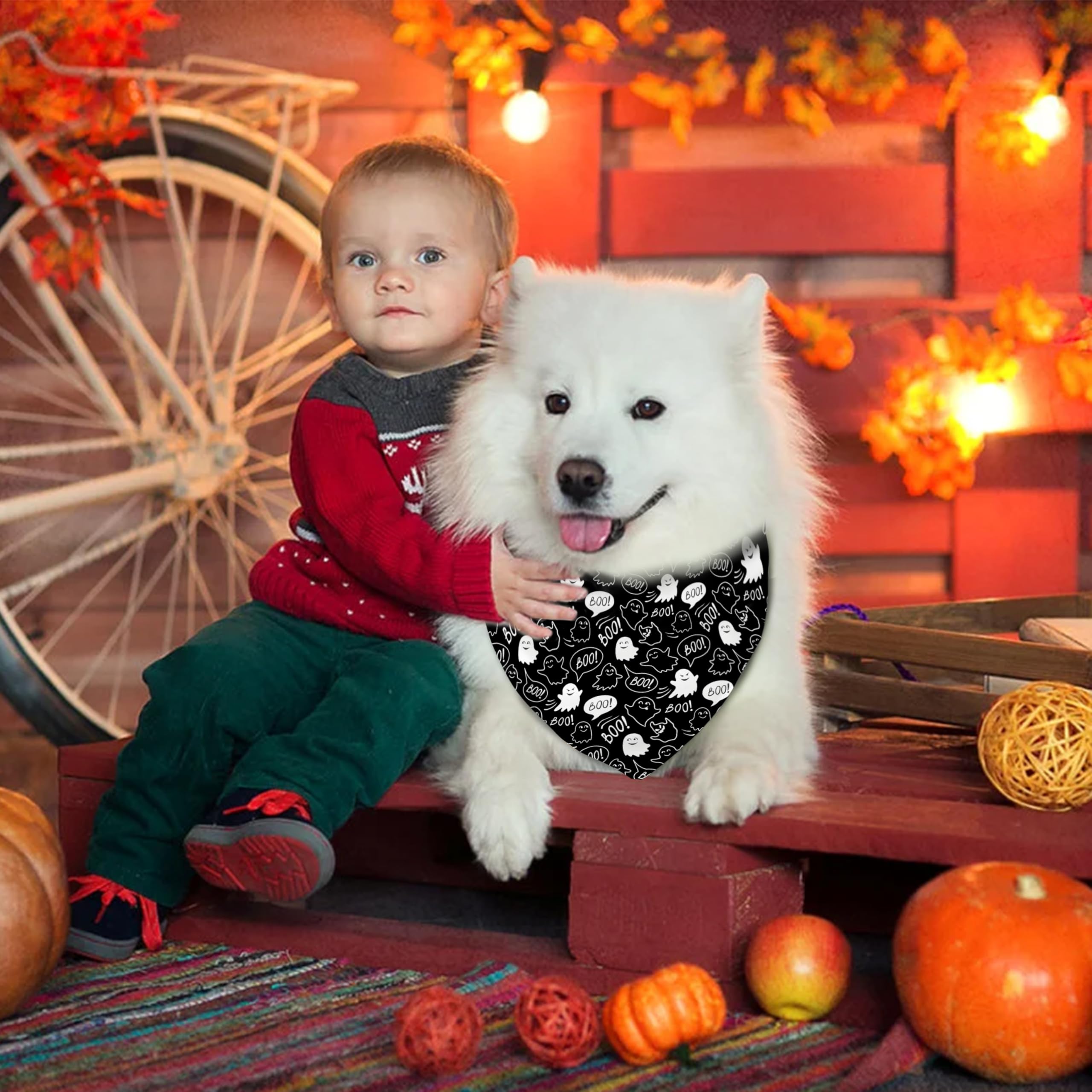 Fall Halloween Dog Bandanas Reversible 2 Pack Small, Orange Black Spider Web Ghost Witch Hat Cute Halloween Pet Bandanas For Dog