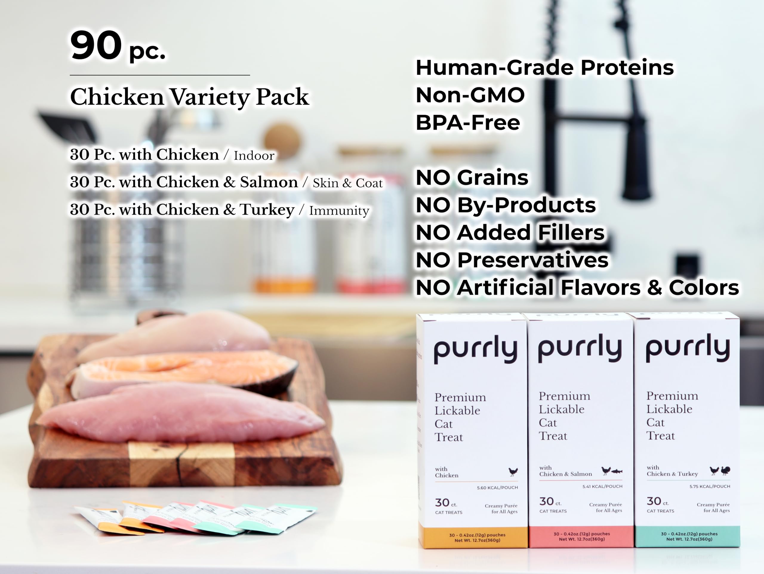 Purrly Low Calorie Premium Lickable Cat Treat Topper Healthy Chicken Variety Bundle (90 Count) Human-Grade Protein Sources with