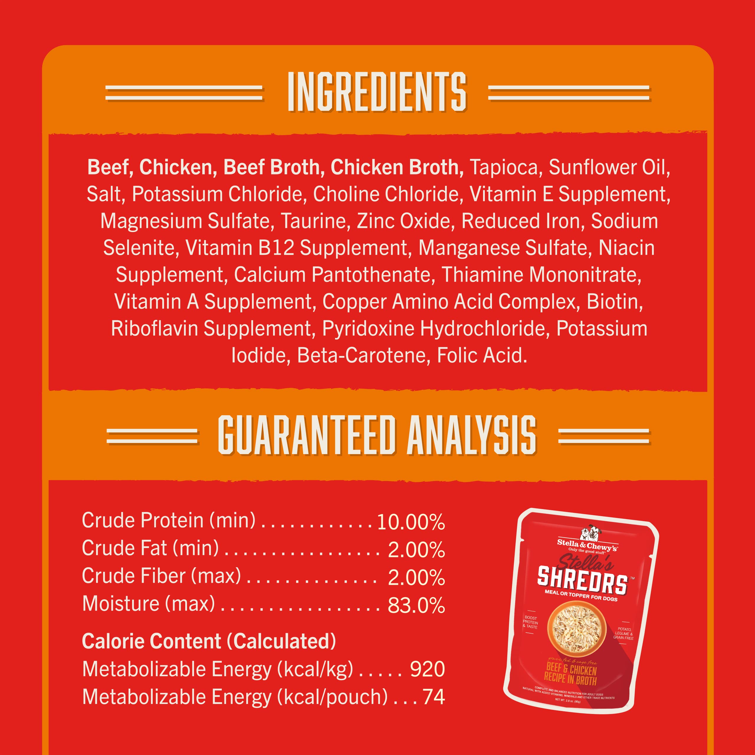 Stella & Chewys Stellas Shredrs Grass Fed & Cage Free Beef & Chicken Recipe in Broth, 2.8 oz. Pouches (Pack of 24)