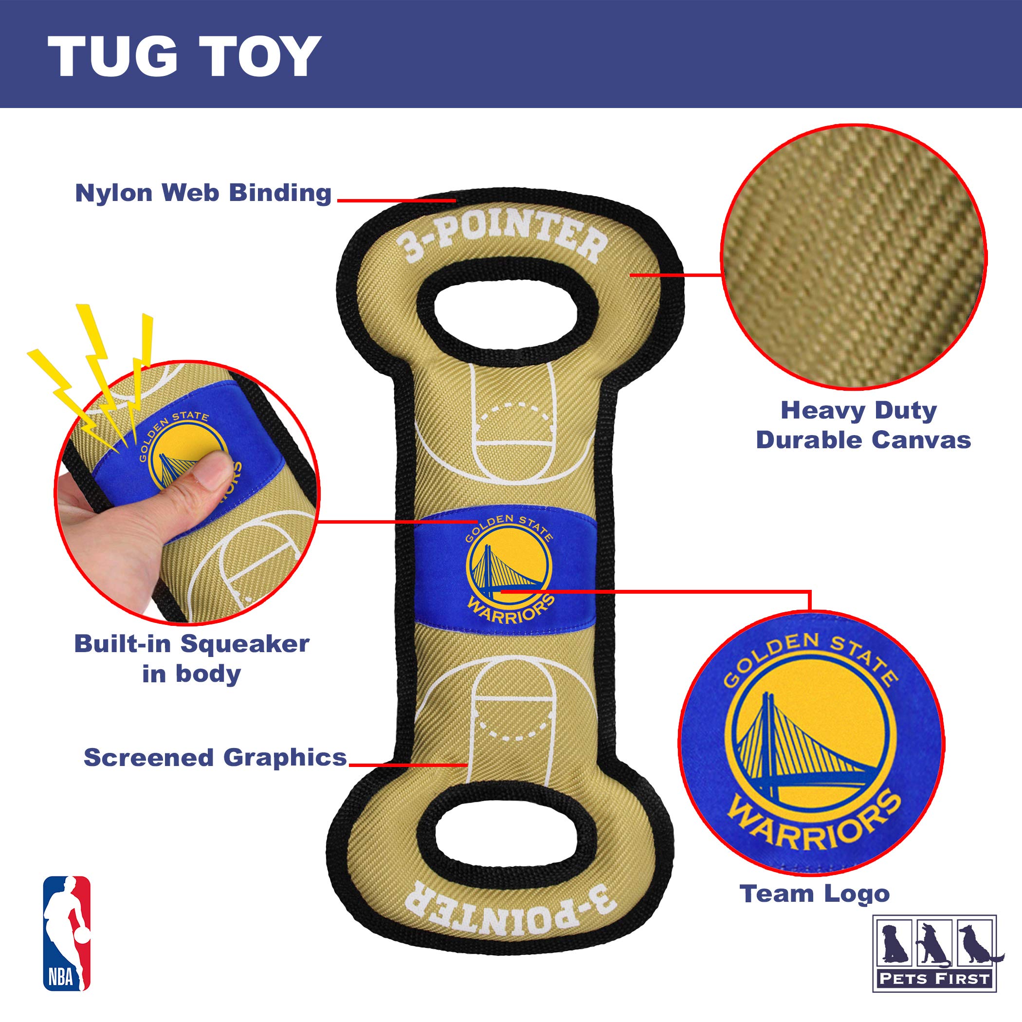 Pets First Nba Golden State Warriors Field Toy. - Tough Nylon Pet Toy With Double Trim Stitching & Inner Squeaker, One Size (Gsw