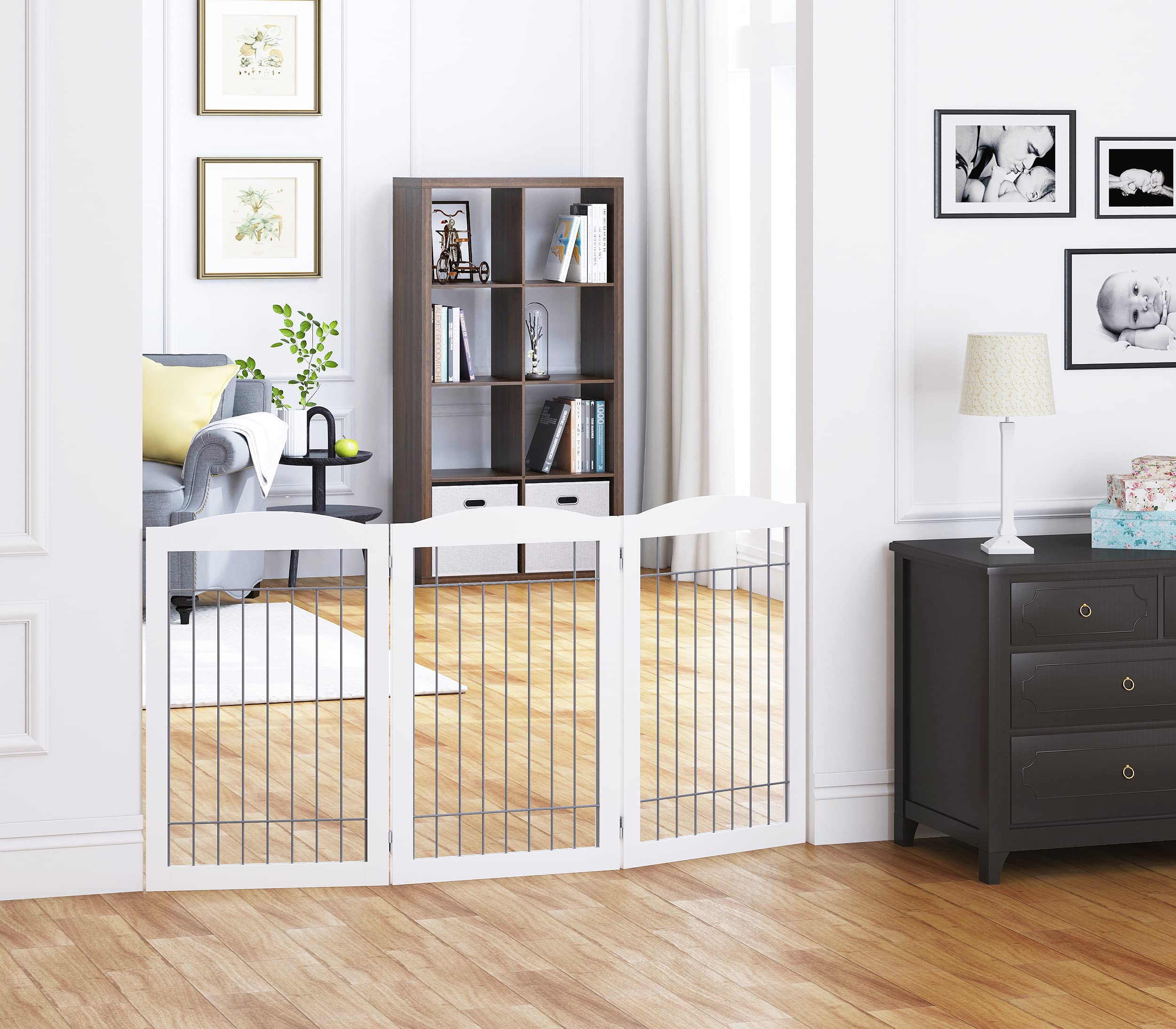 Spirich Freestanding Wire Pet Gate - 3 Panels, 60"W x 30"H, Sliver Wood, Extra Wide Dog Safety Gate for Doorways & Stairs