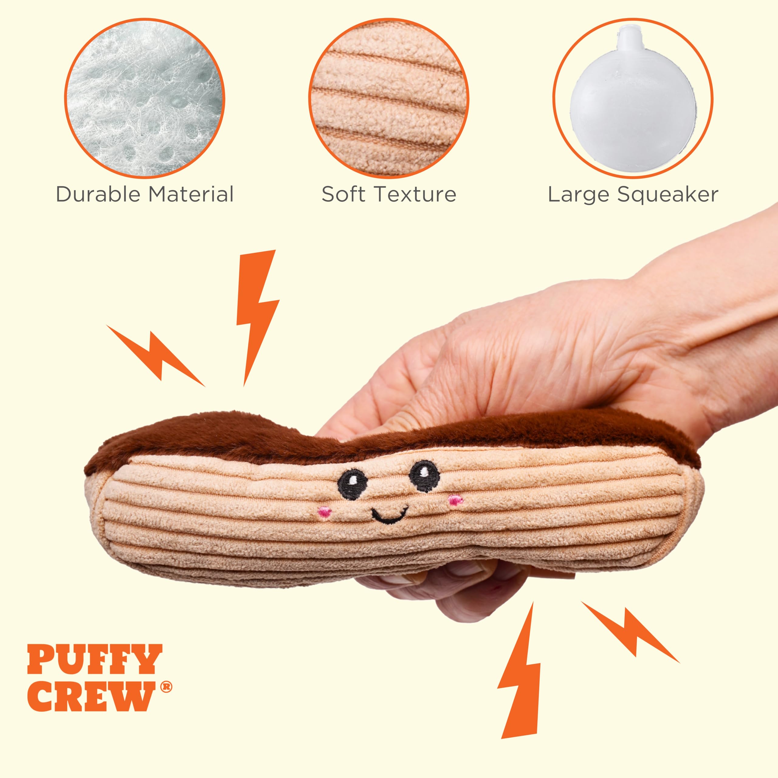 Puffy Crew Squeaky Dog Plush Toy, Bakery Bite_Stick Collection, 8'', For Small And Medium Dogs (Eclair, Small)