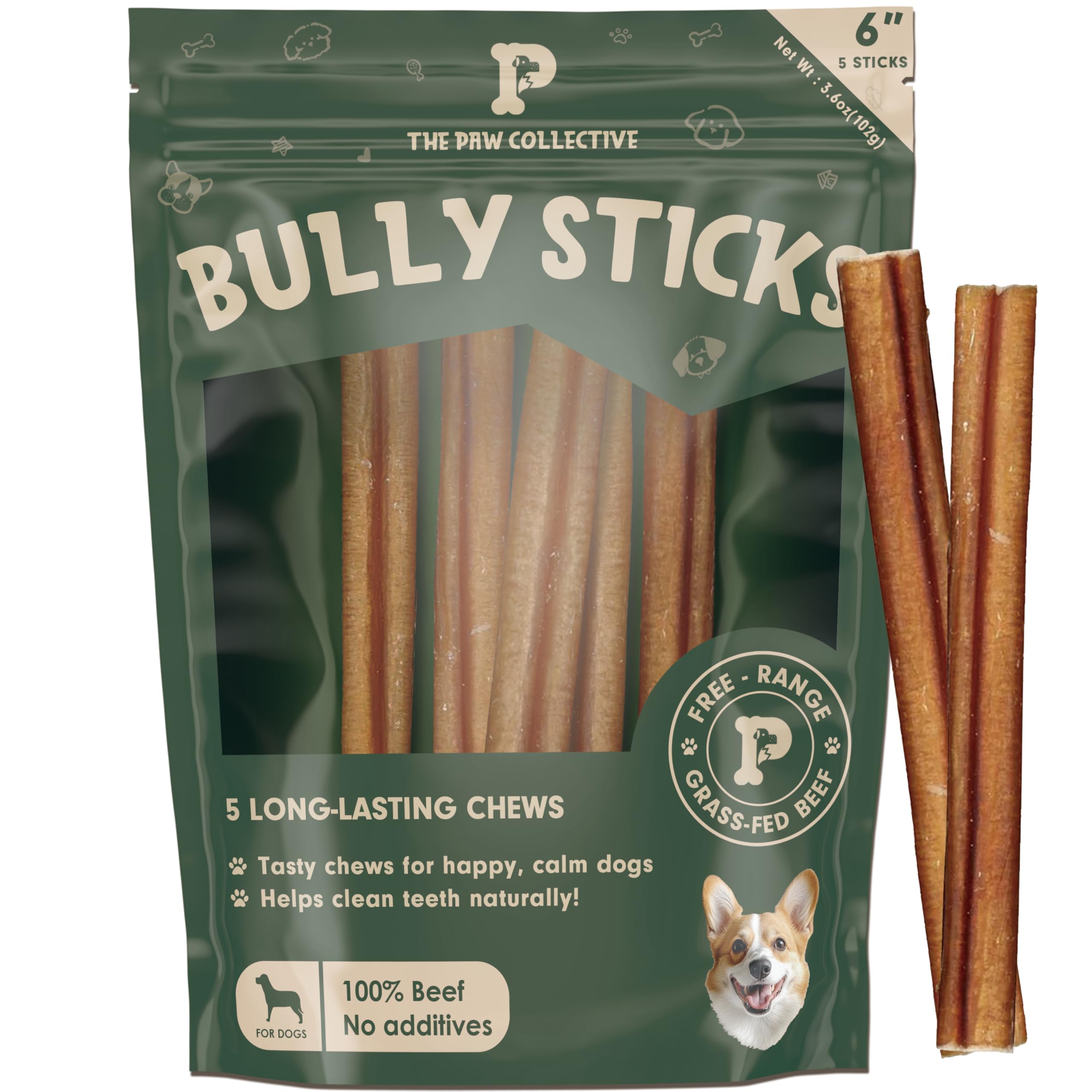 The Paw Collective Odor Free Bully Stick Dog Treats - Long Lasting Chew Sticks - Free Range Grass Fed Beef Natural Dental Chew T