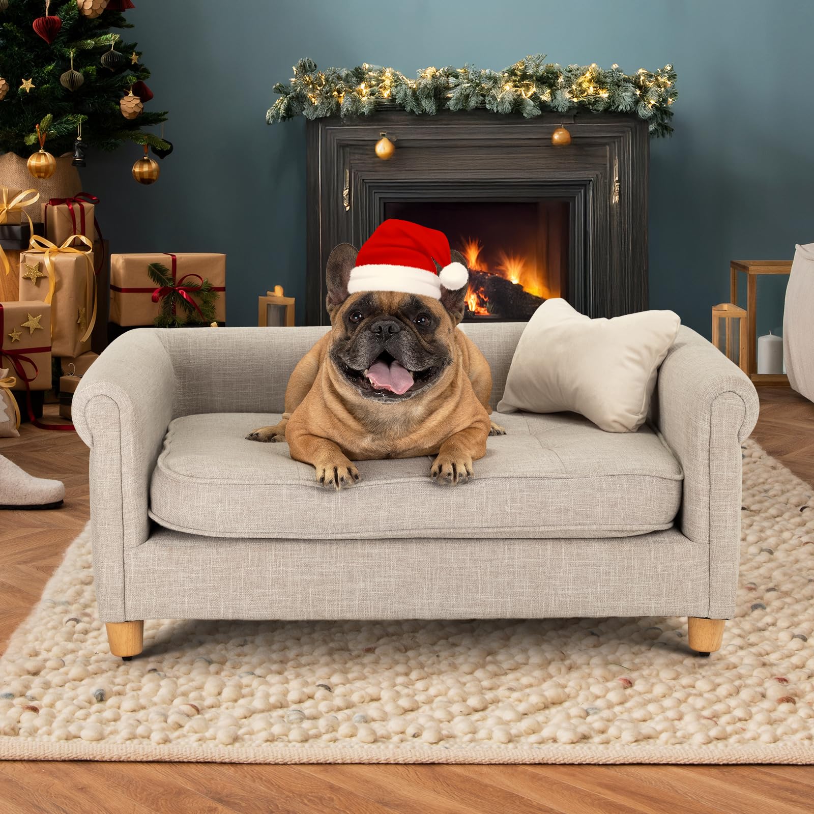 dCee Dog Sofa Bed for Medium Dogs of 70 Lbs, 33 in. Soft Velvety Dog Couch for Comfort Sleep and Joint Support, Light Grey