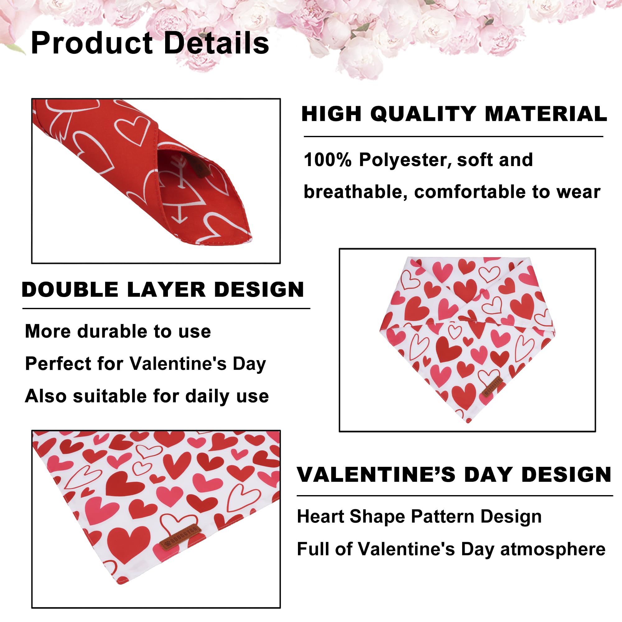 ADOGGYGO Valentine Dog Bandanas, Red Pink Heart Pet Scarf, Multi Size Offered, White Red Valentine Bandana for Large and Extra L