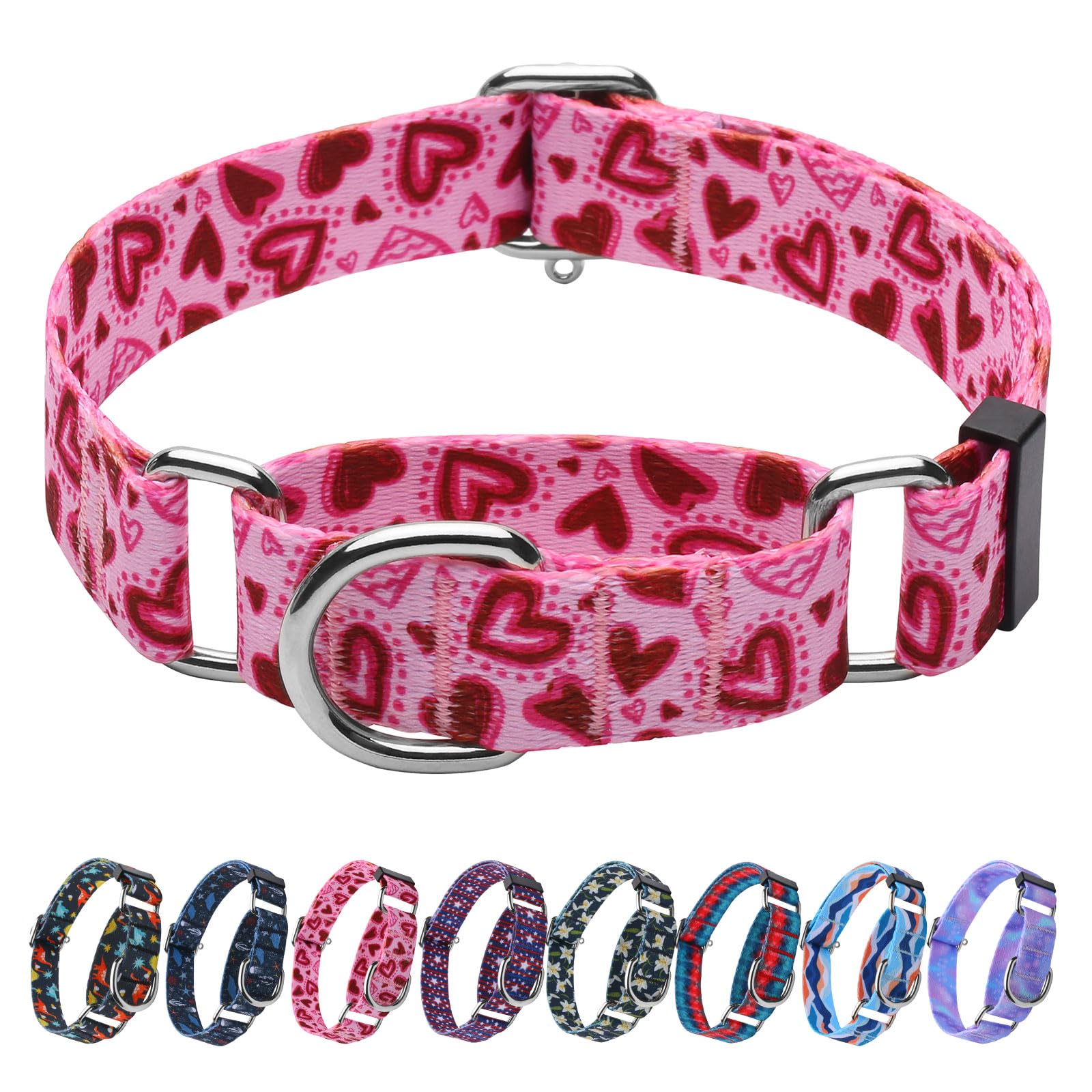 Hikiko Pink Heart Martingale Dog Collar With No Buckle Pretty Cute Valentines Dog Collar For Medium Dogs,Love,M