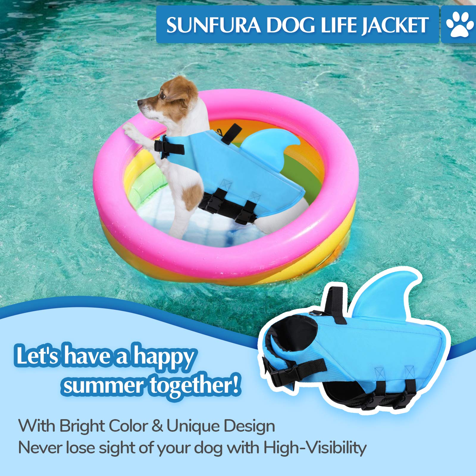Sunfura Medium Dog Life Jacket, Shark Fin Pet Swimming Vest For Boating, Puppy Life Preserver With High Buoyancy & Rescue Handle, French Bulldog Lifesaver Swimsuit For Medium Dogs, Blue M