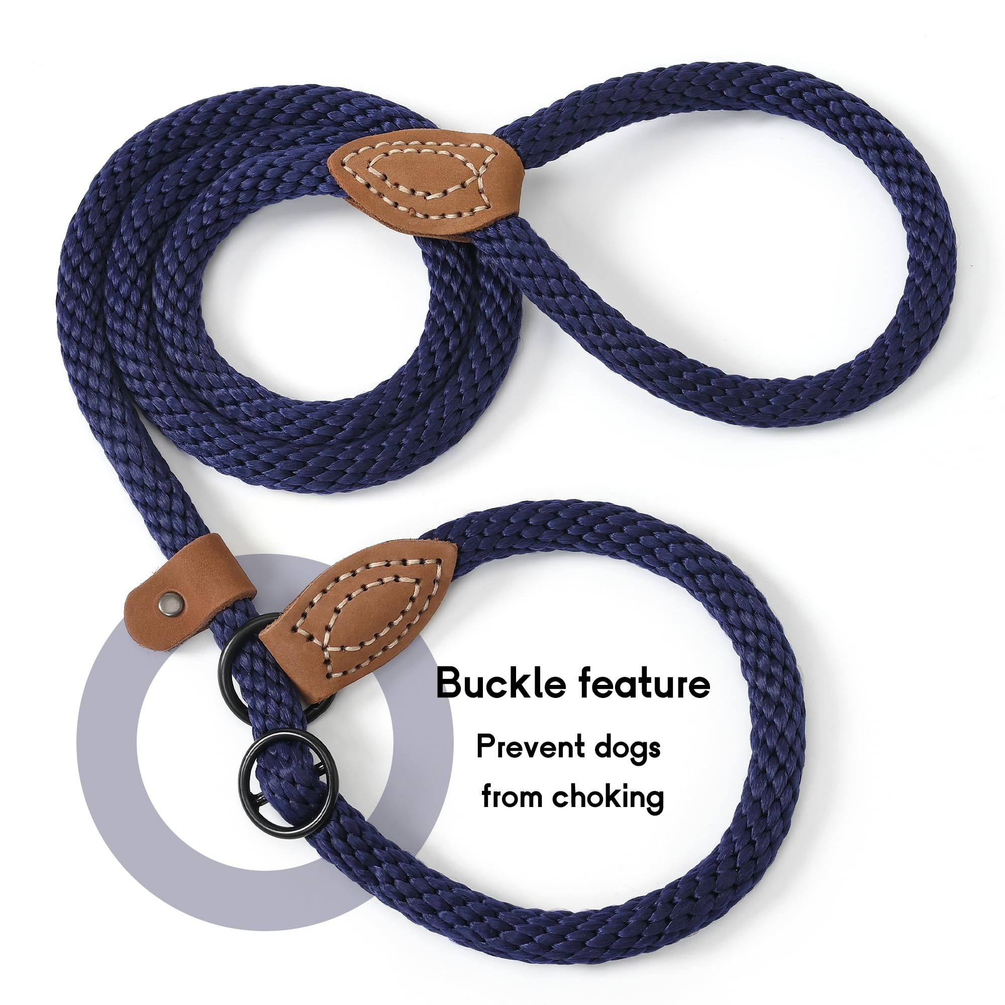 Mile High Life Slip Leads For Dogs | Heavy Duty Dog Training Leash | 6 Feet No Pull Slip Leashes W Leather Tip | Navy Rope Lead For Dogs Outside