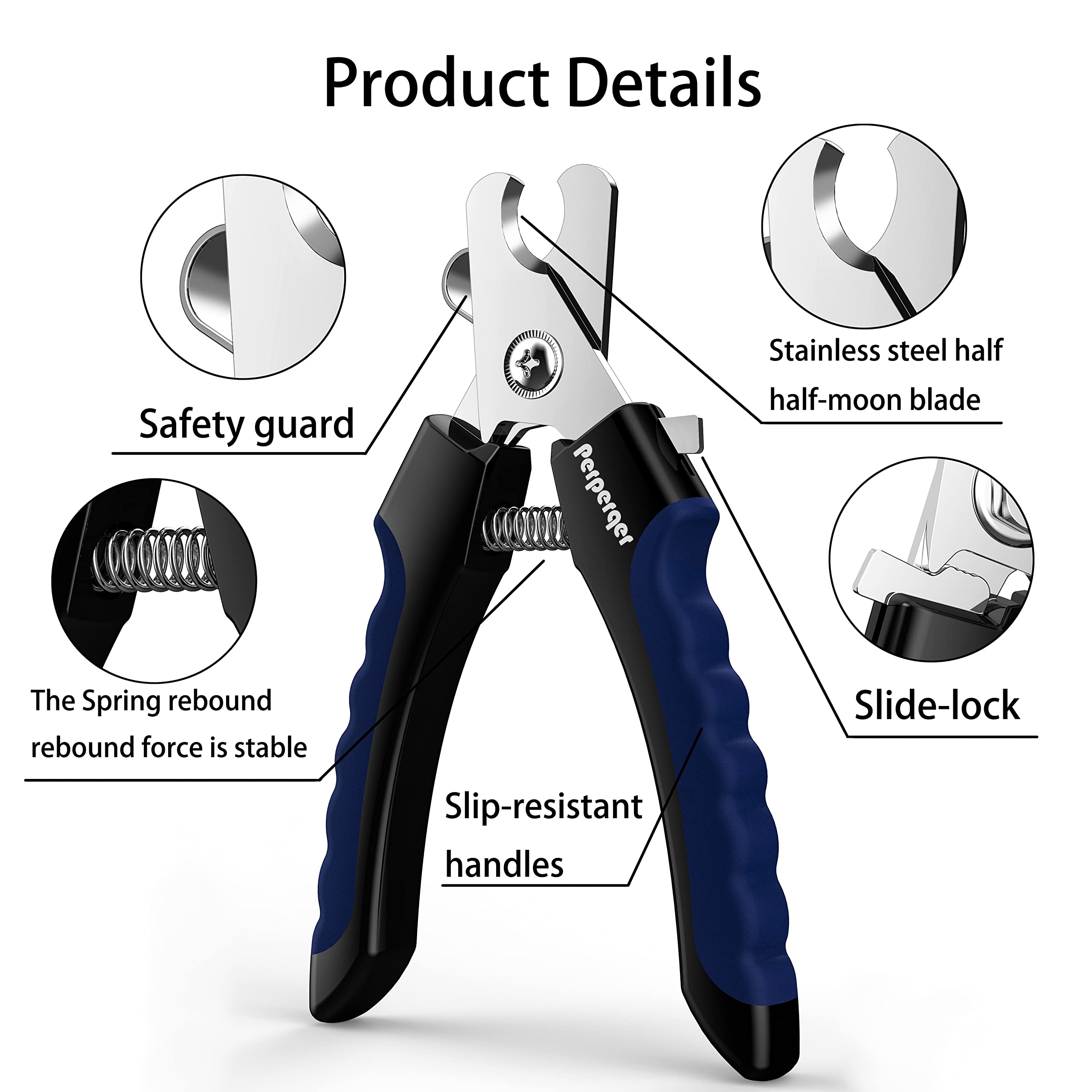 Perperqer Dog Nail Clippers - Stainless Steel Trimmers with Safety Guard for All Breeds, Navy, Model PC20230320