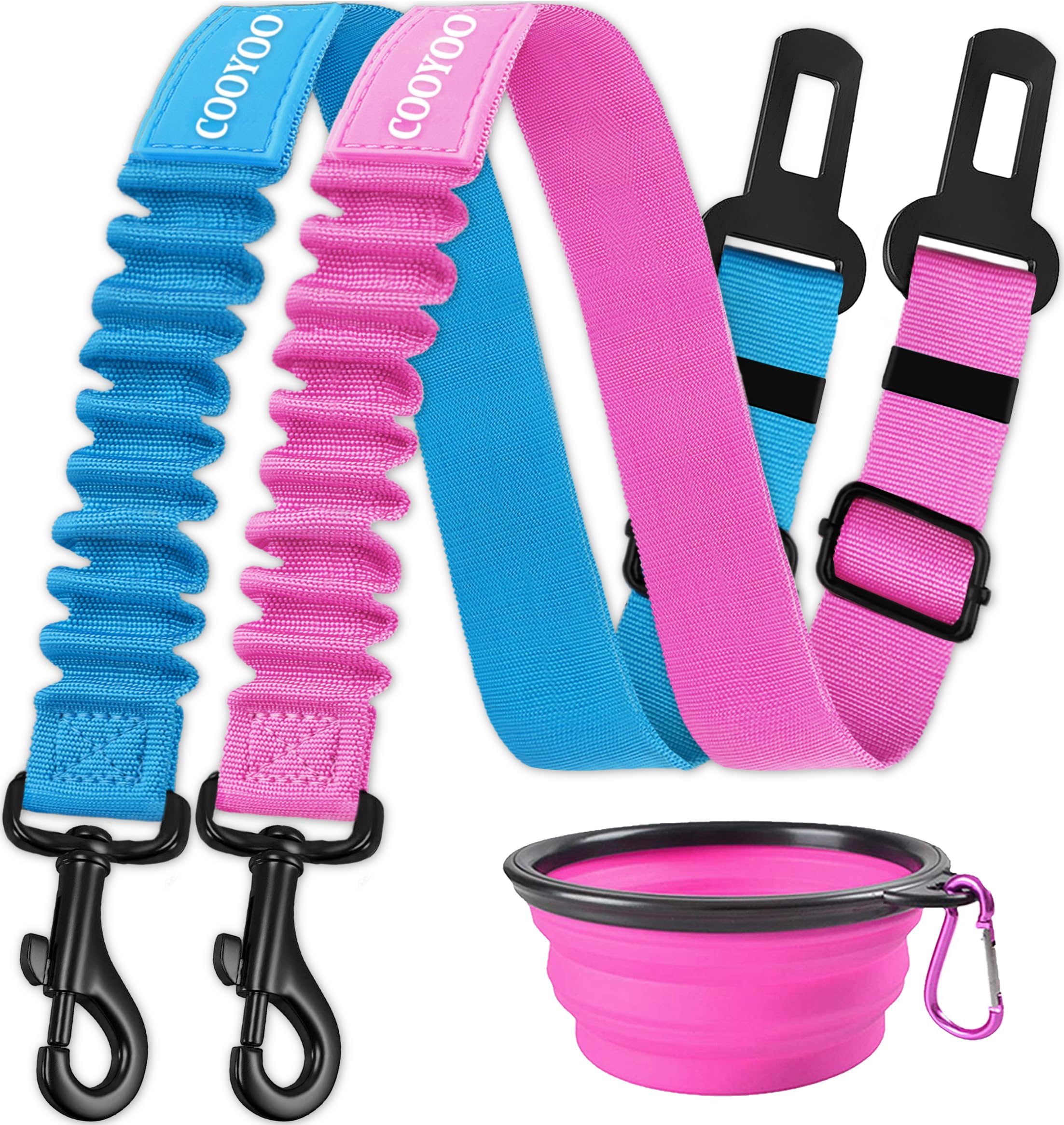 COOYOO Dog Seat Belt Set - 3 Adjustable Retractable Nylon Car Harnesses, Heavy Duty & Durable, Pink and Blue