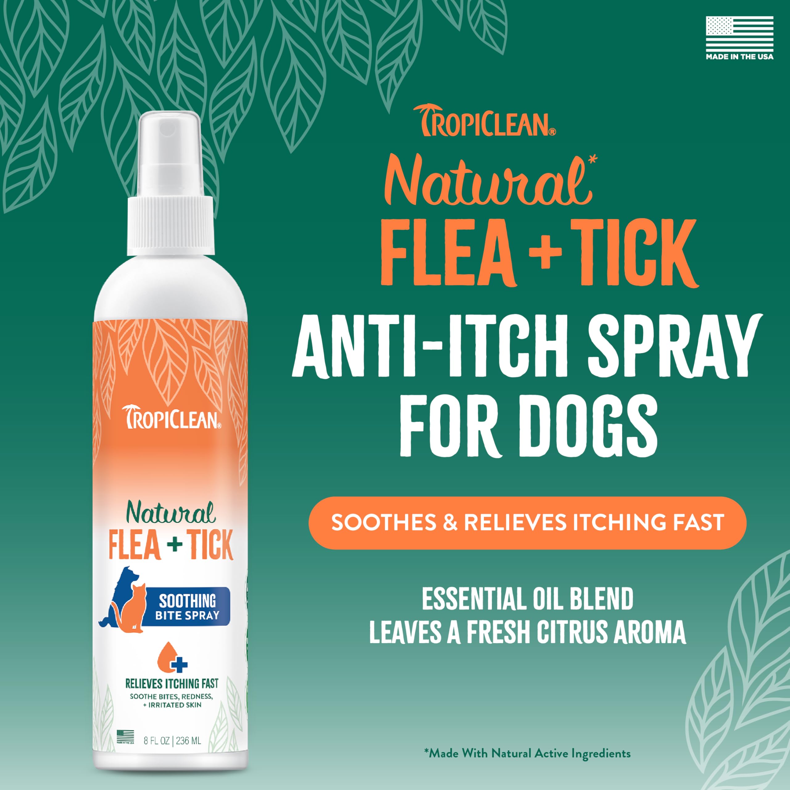 TropiClean Natural Flea and Tick Bite Relief Spray for Dogs, 8 oz - Advanced Care Itch Relief, Made in the USA