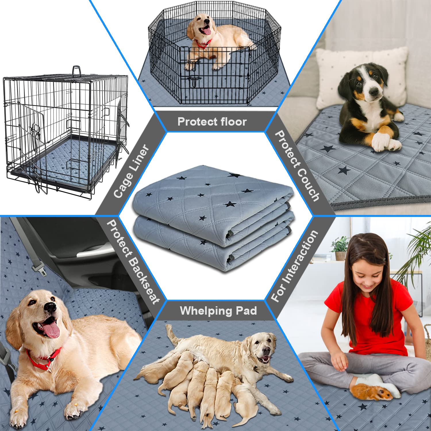 Rioussi Washable Pee Pads For Dogs, Reusable, Absorbent, Leakproof, Non Slip Pet Puppy Pads For Potty Training. Gray Stars, 20X28 Inch(2Pack)